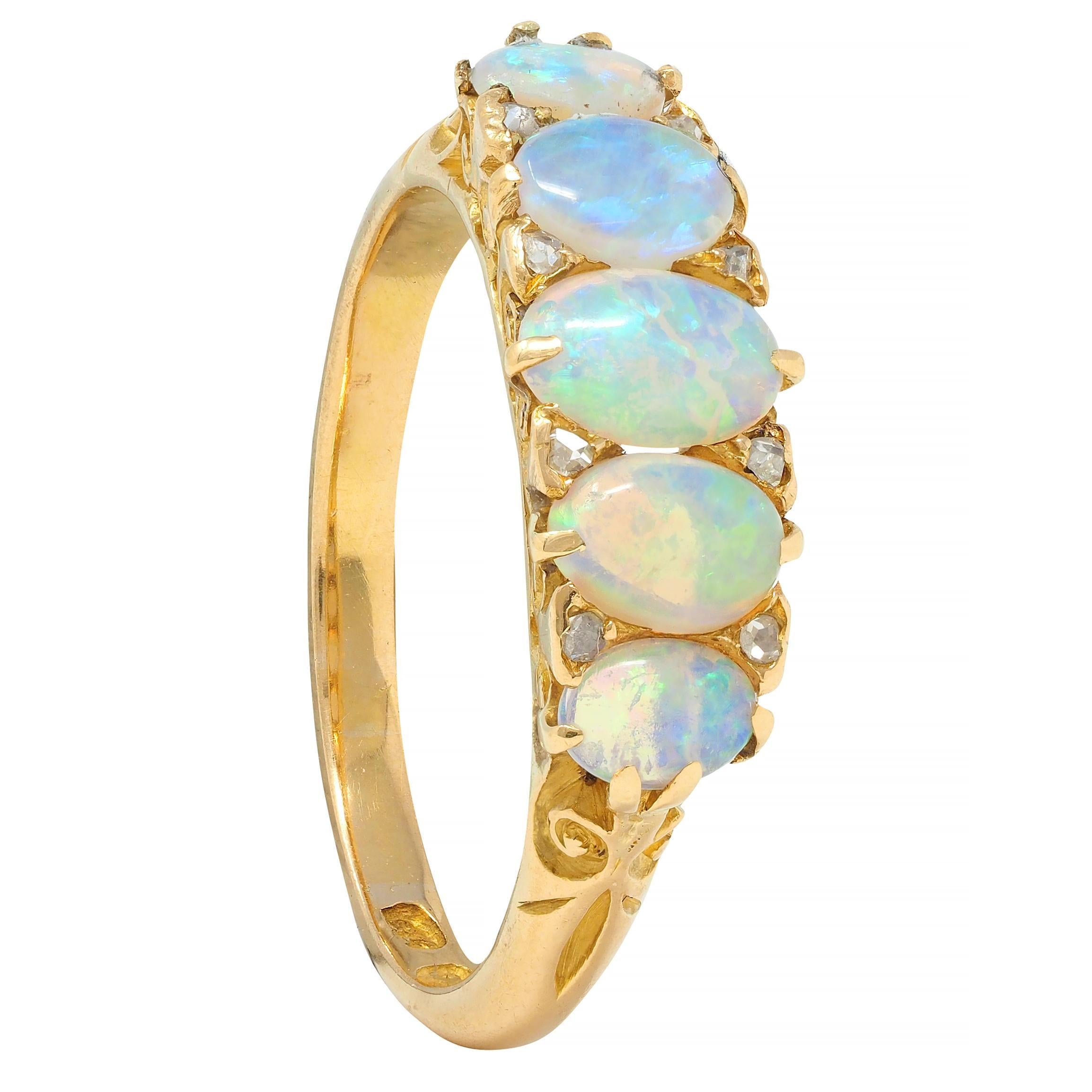 Victorian Opal Diamond 18 Karat Yellow Gold Antique Five Stone Band Ring 6