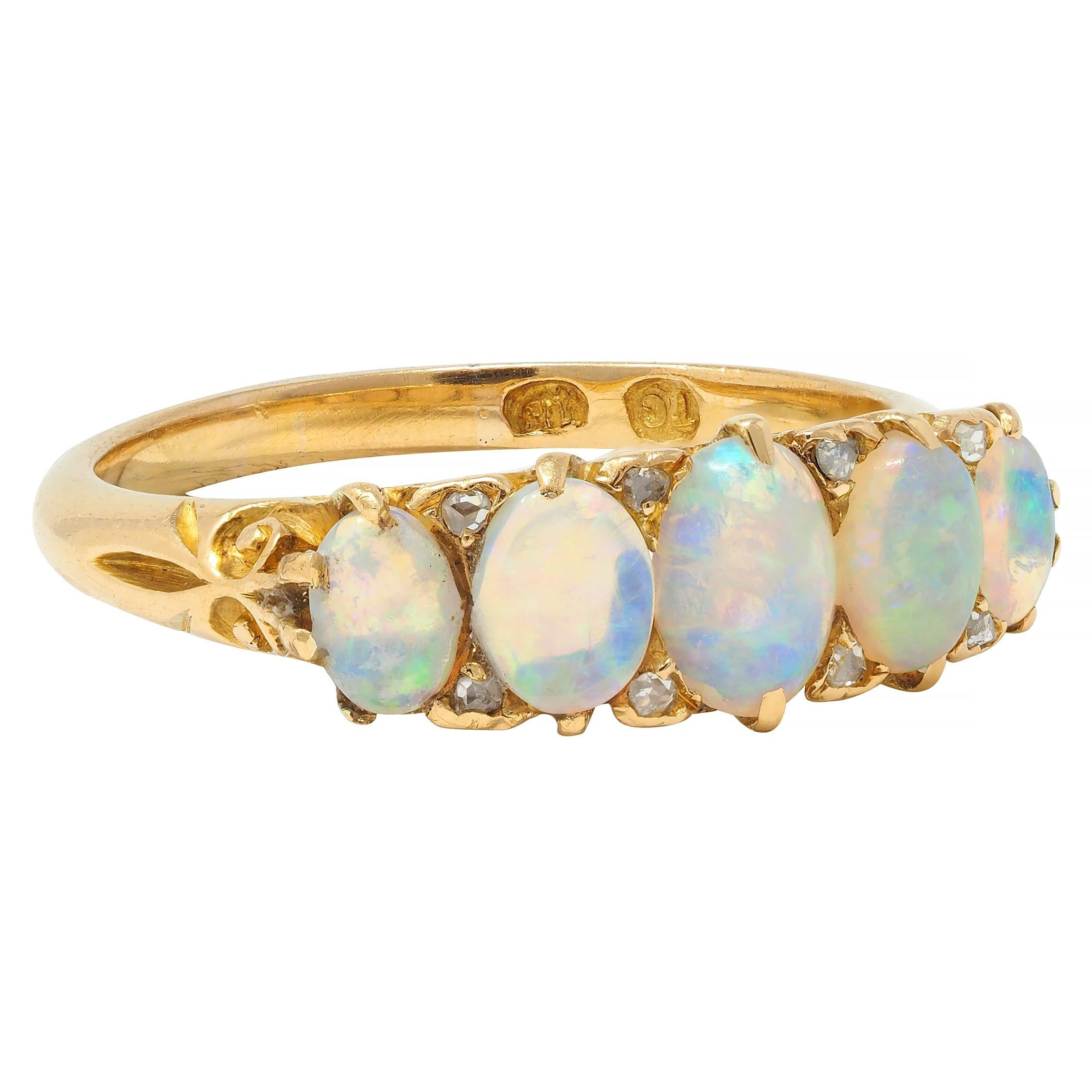 Cabochon Victorian Opal Diamond 18 Karat Yellow Gold Antique Five Stone Band Ring