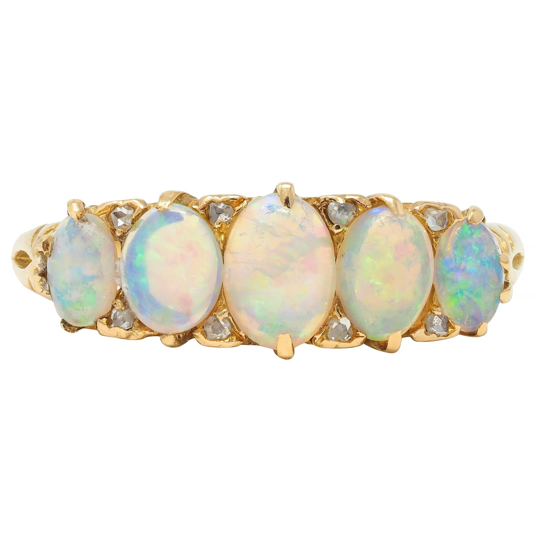 Victorian Opal Diamond 18 Karat Yellow Gold Antique Five Stone Band Ring In Excellent Condition In Philadelphia, PA
