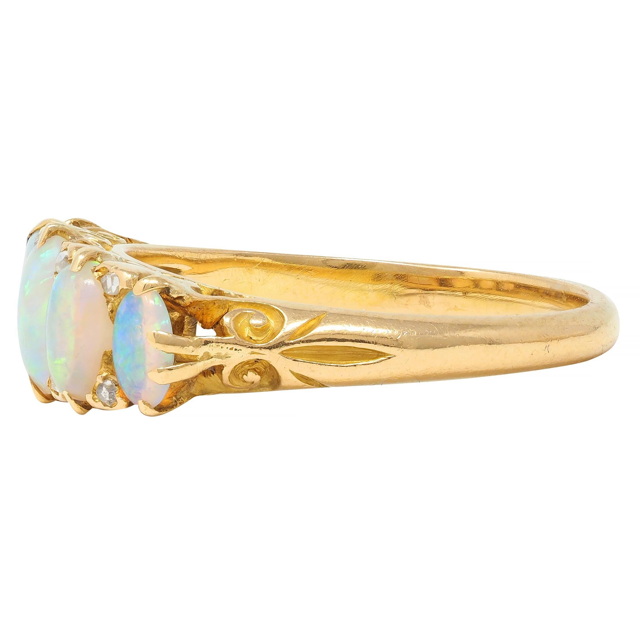 Women's or Men's Victorian Opal Diamond 18 Karat Yellow Gold Antique Five Stone Band Ring