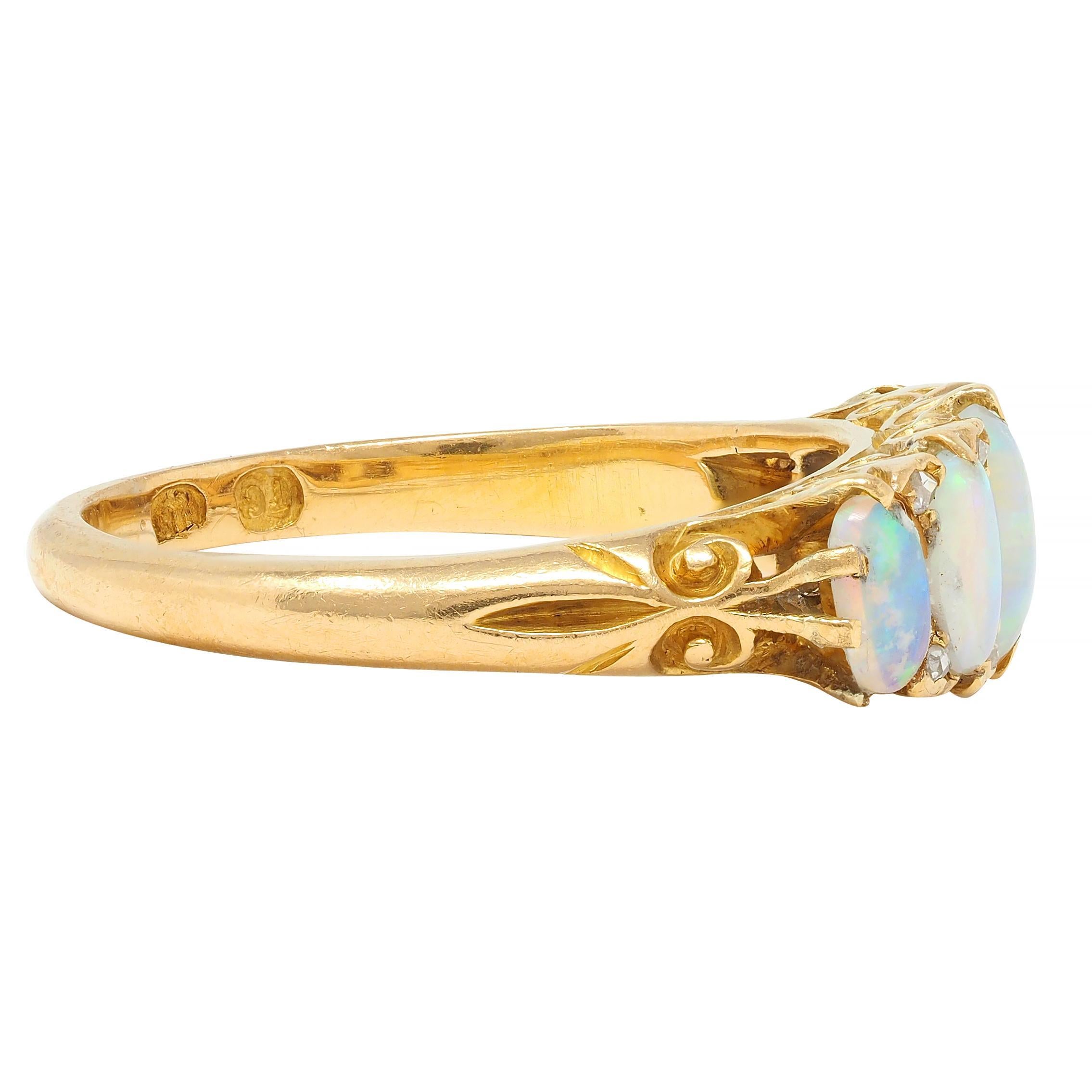 Victorian Opal Diamond 18 Karat Yellow Gold Antique Five Stone Band Ring 1