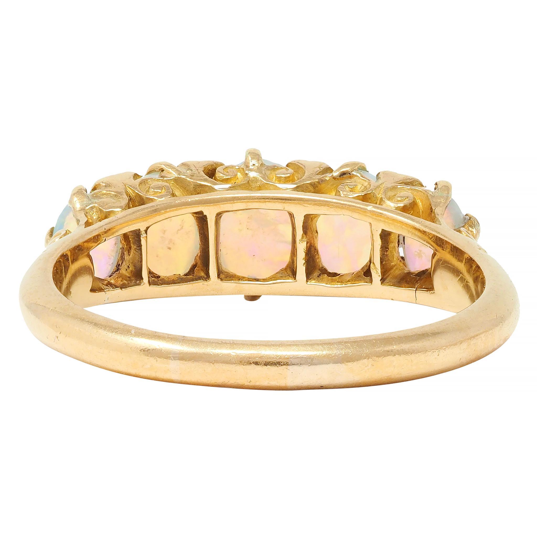 Victorian Opal Diamond 18 Karat Yellow Gold Antique Five Stone Band Ring 2