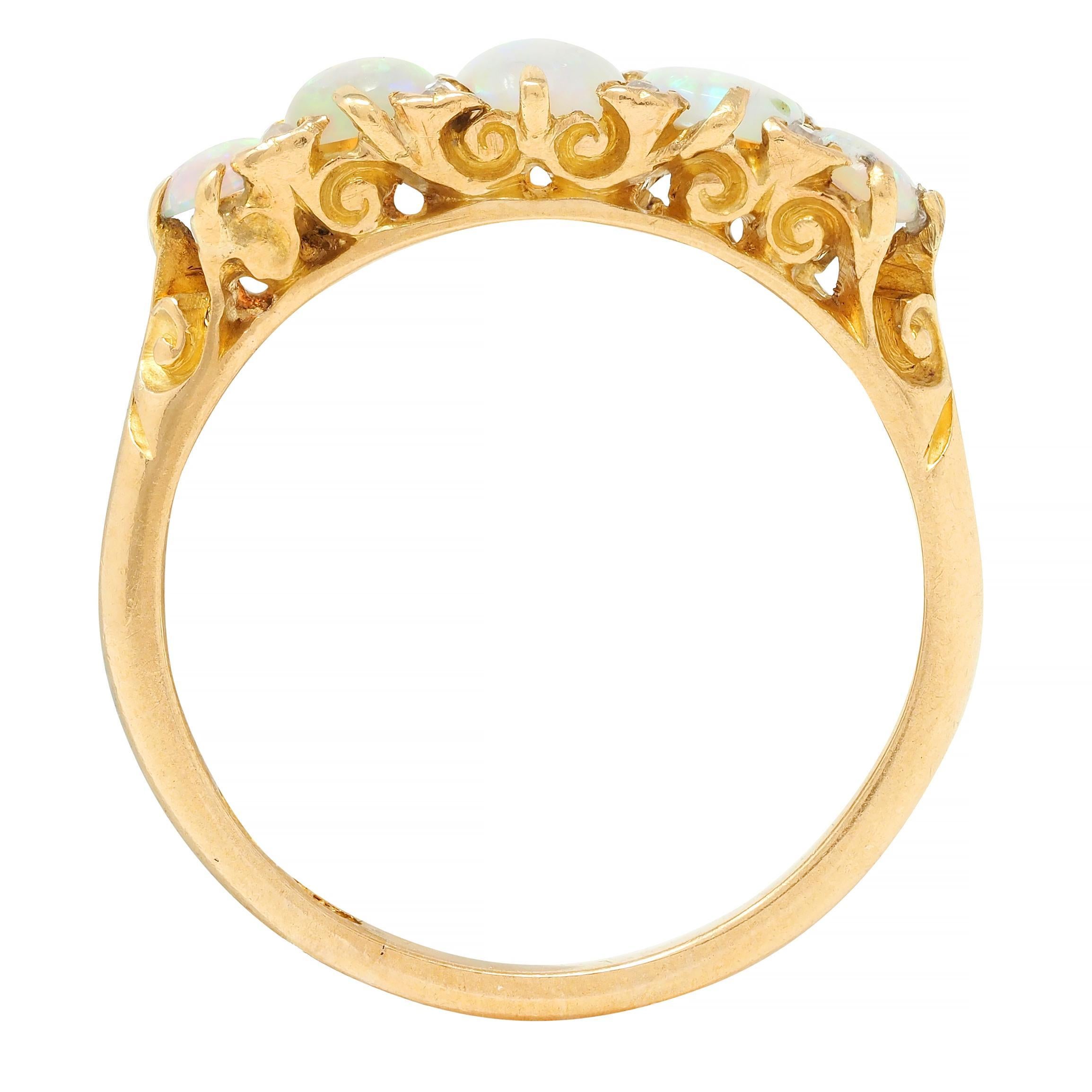 Victorian Opal Diamond 18 Karat Yellow Gold Antique Five Stone Band Ring 3