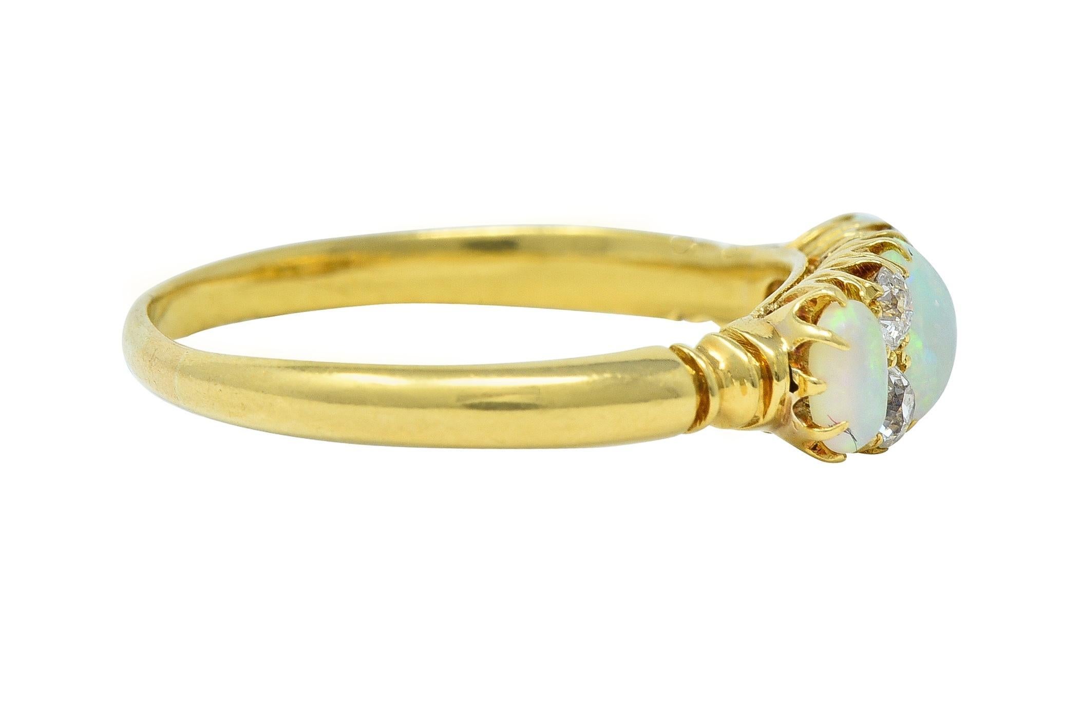 Old Mine Cut Victorian Opal Diamond 18 Karat Yellow Gold Antique Gemstone Band Ring For Sale