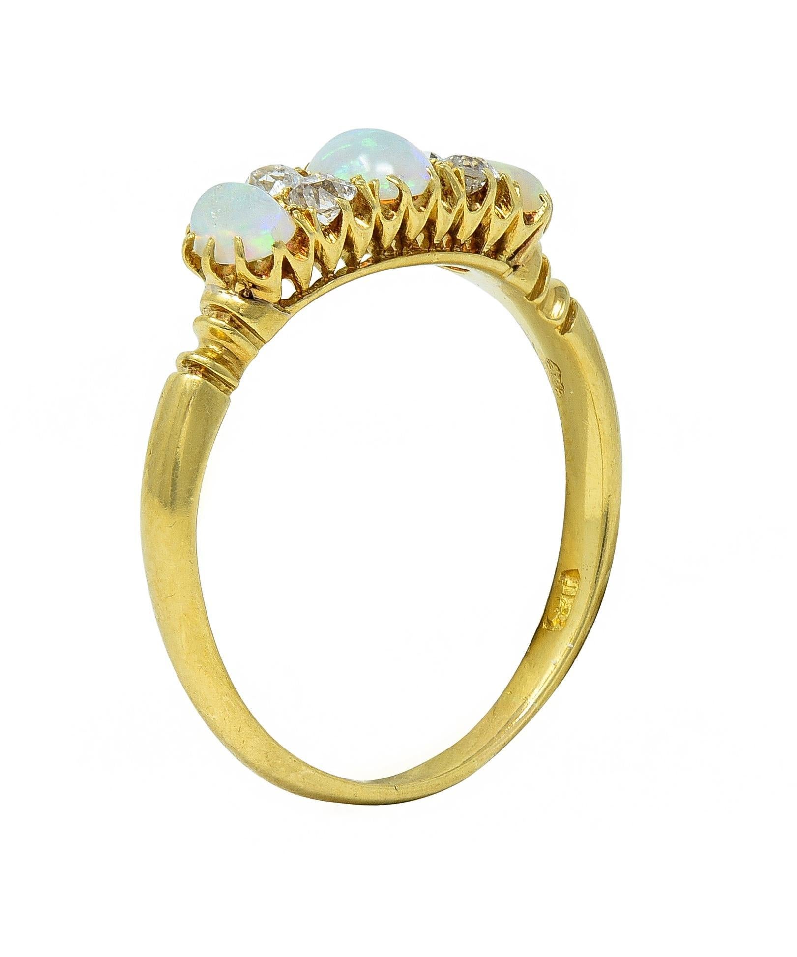 Victorian Opal Diamond 18 Karat Yellow Gold Antique Gemstone Band Ring For Sale 4