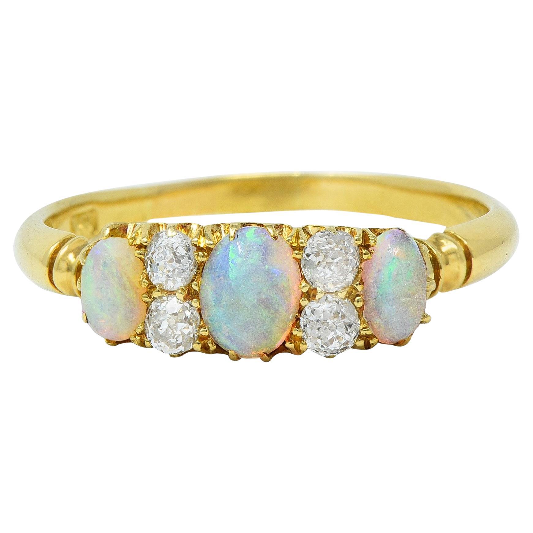Victorian Opal Diamond 18 Karat Yellow Gold Antique Gemstone Band Ring For Sale