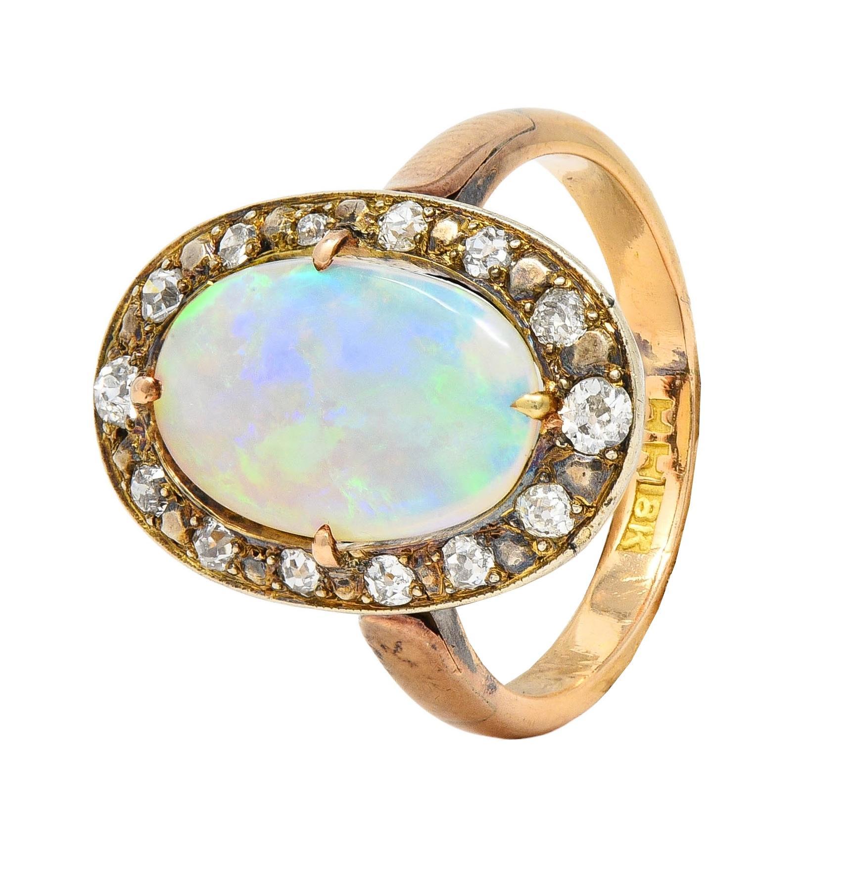 Victorian Opal Diamond 18 Karat Yellow Gold Antique Halo Ring 5
