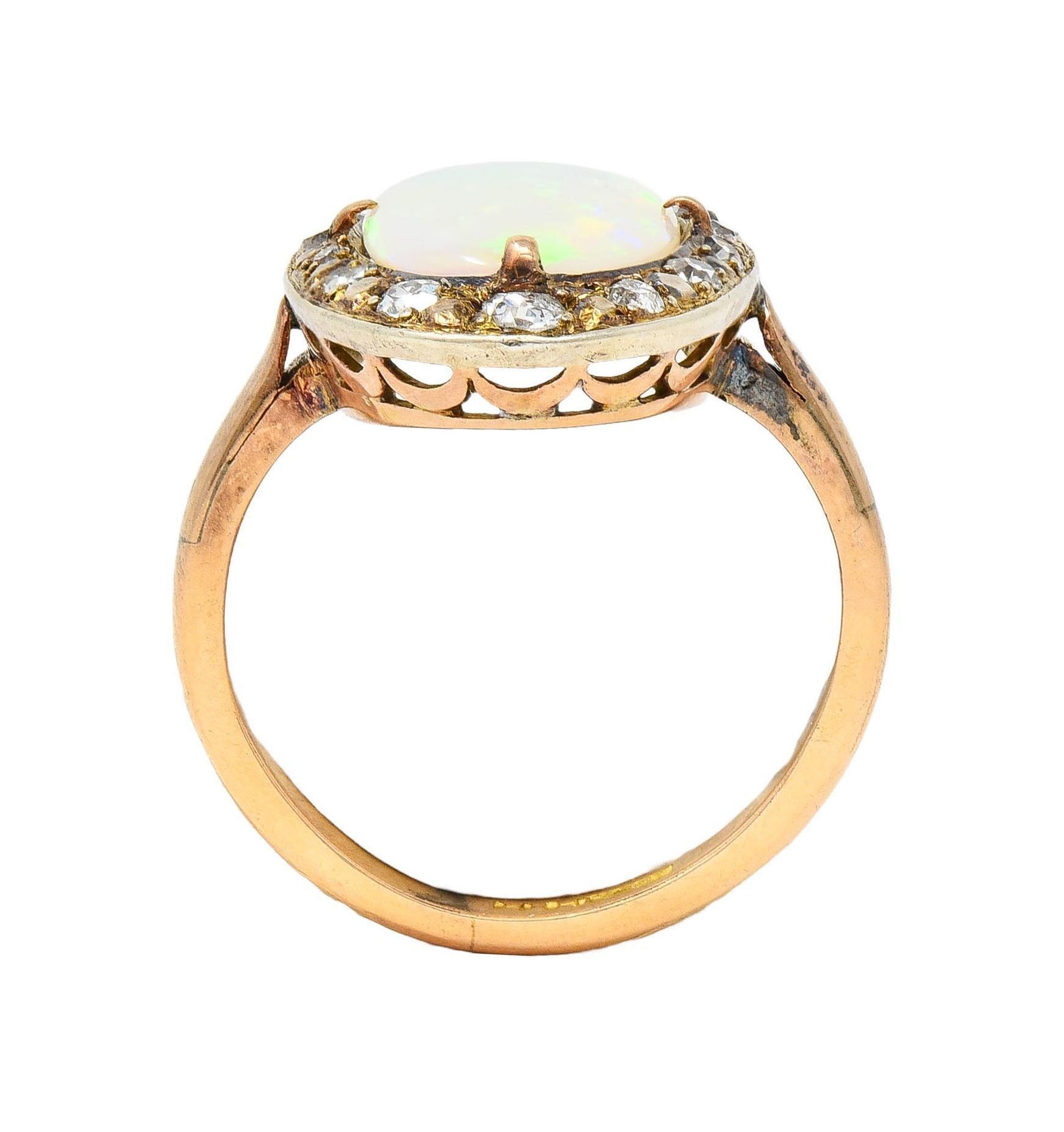 Victorian Opal Diamond 18 Karat Yellow Gold Antique Halo Ring 7