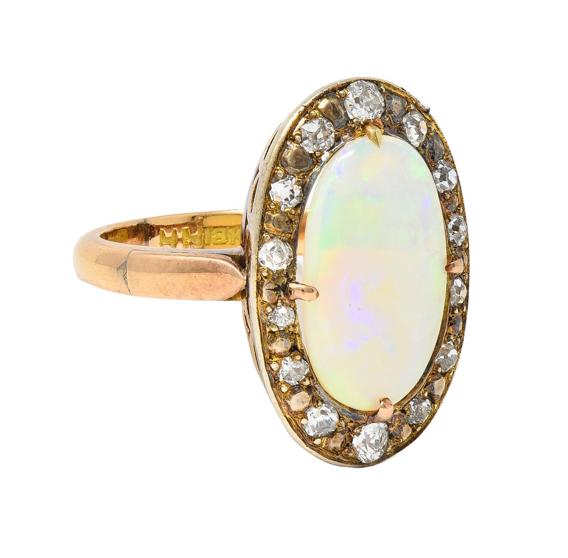 Cabochon Victorian Opal Diamond 18 Karat Yellow Gold Antique Halo Ring