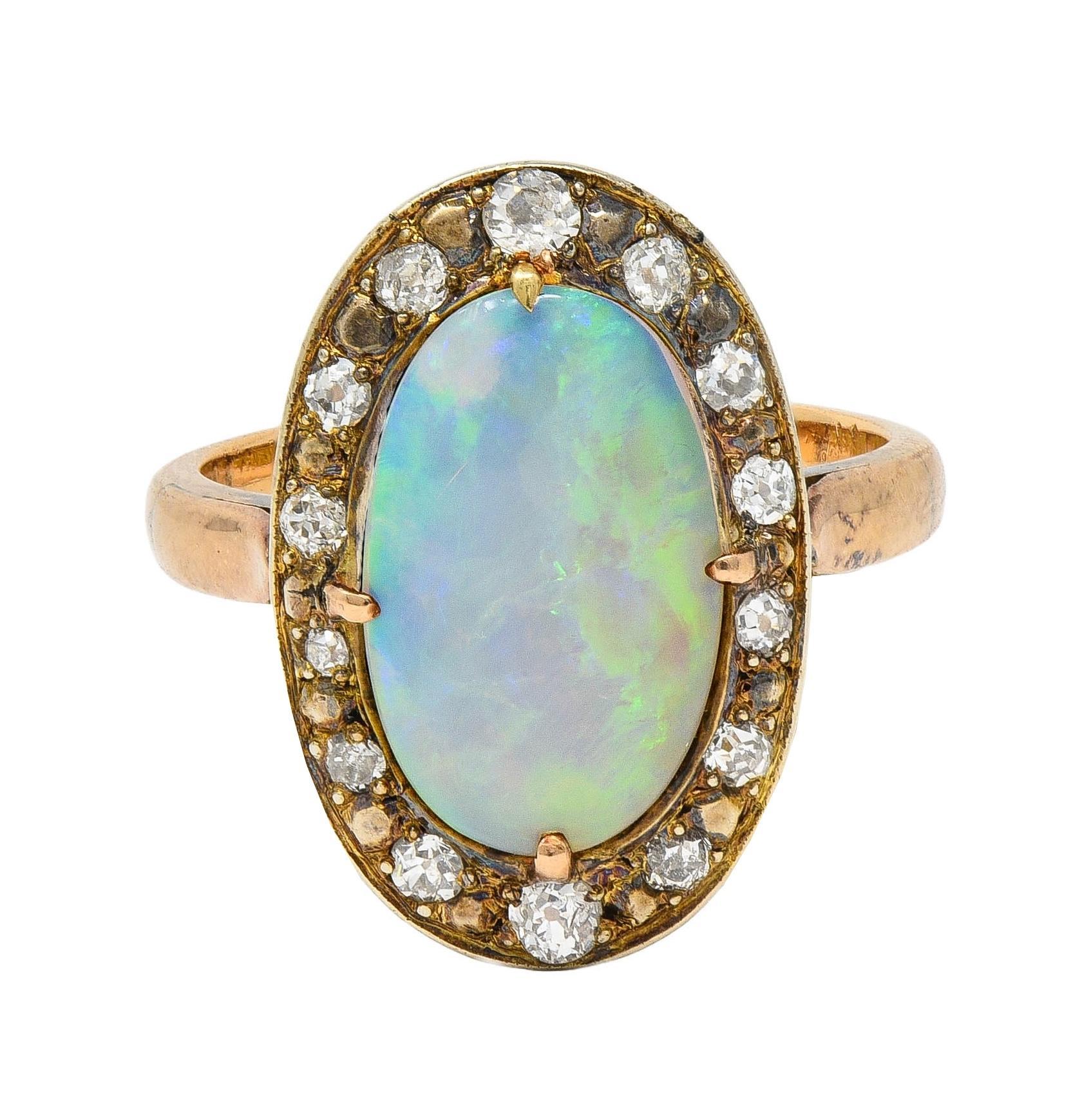 Victorian Opal Diamond 18 Karat Yellow Gold Antique Halo Ring In Excellent Condition In Philadelphia, PA