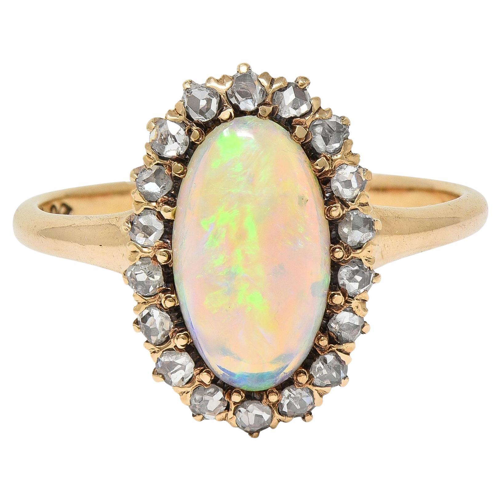 Victorian Opal Diamond 18 Karat Yellow Gold Antique Halo Ring