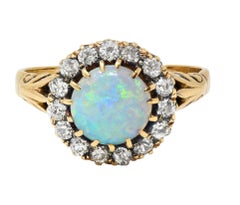 Anello vittoriano con diamante opale in oro giallo 18 carati con anello aureola antico