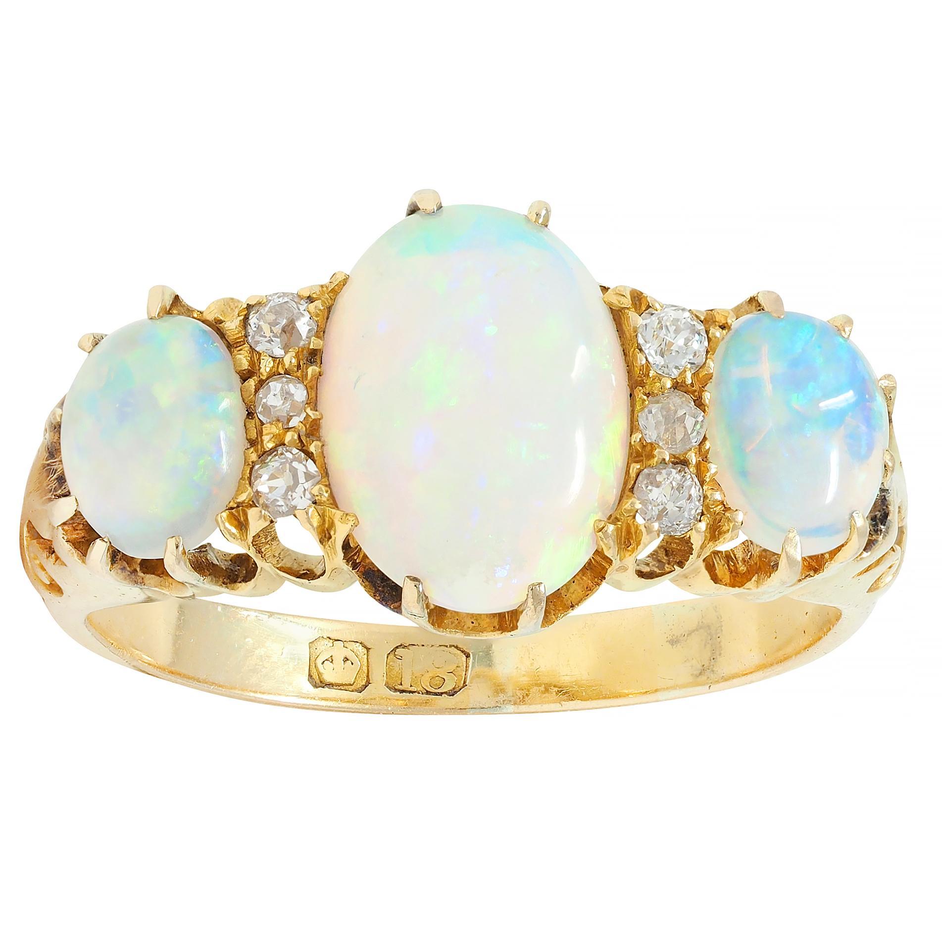 Victorian Opal Diamond 18 Karat Yellow Gold Antique Scroll Band Ring For Sale 5
