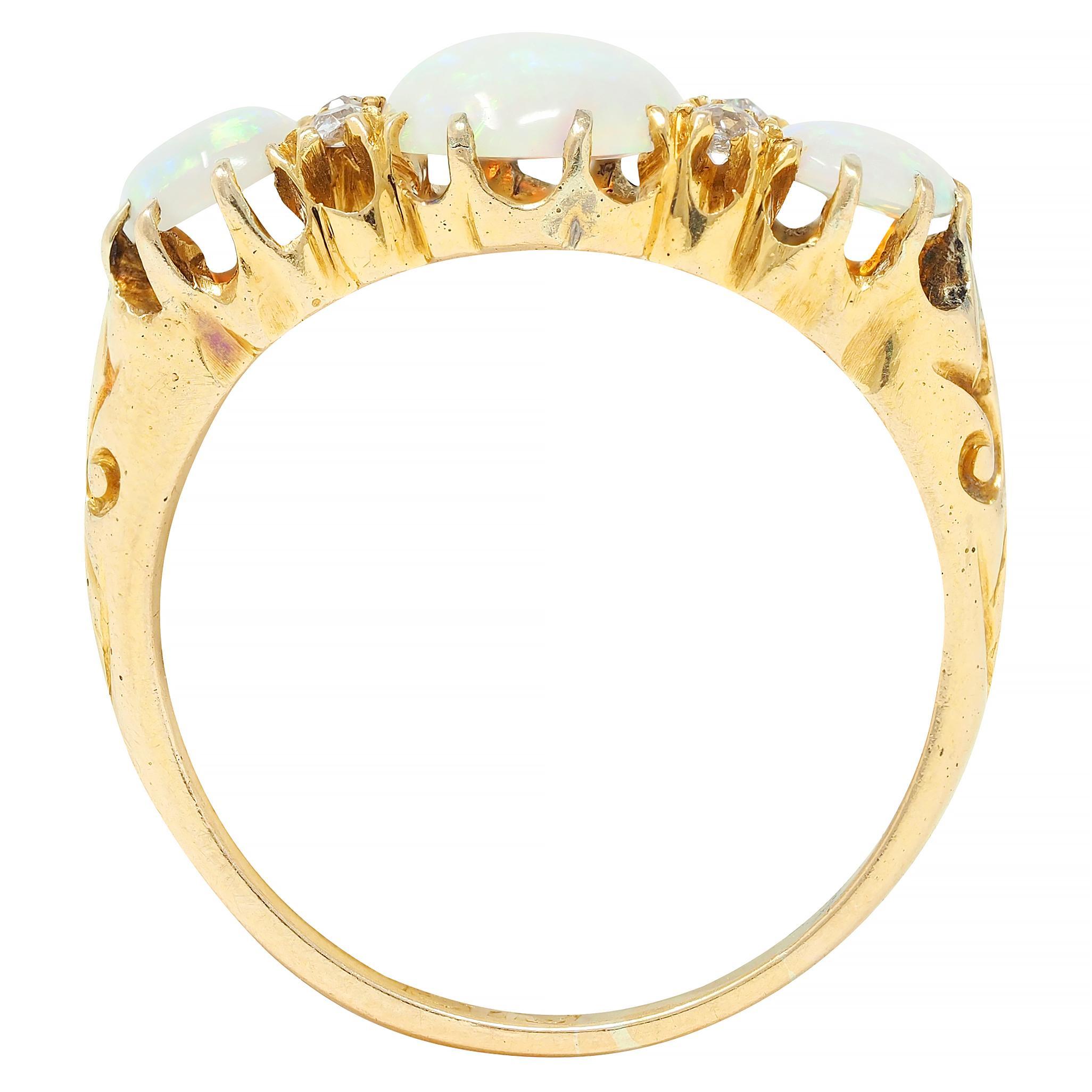 Victorian Opal Diamond 18 Karat Yellow Gold Antique Scroll Band Ring For Sale 6