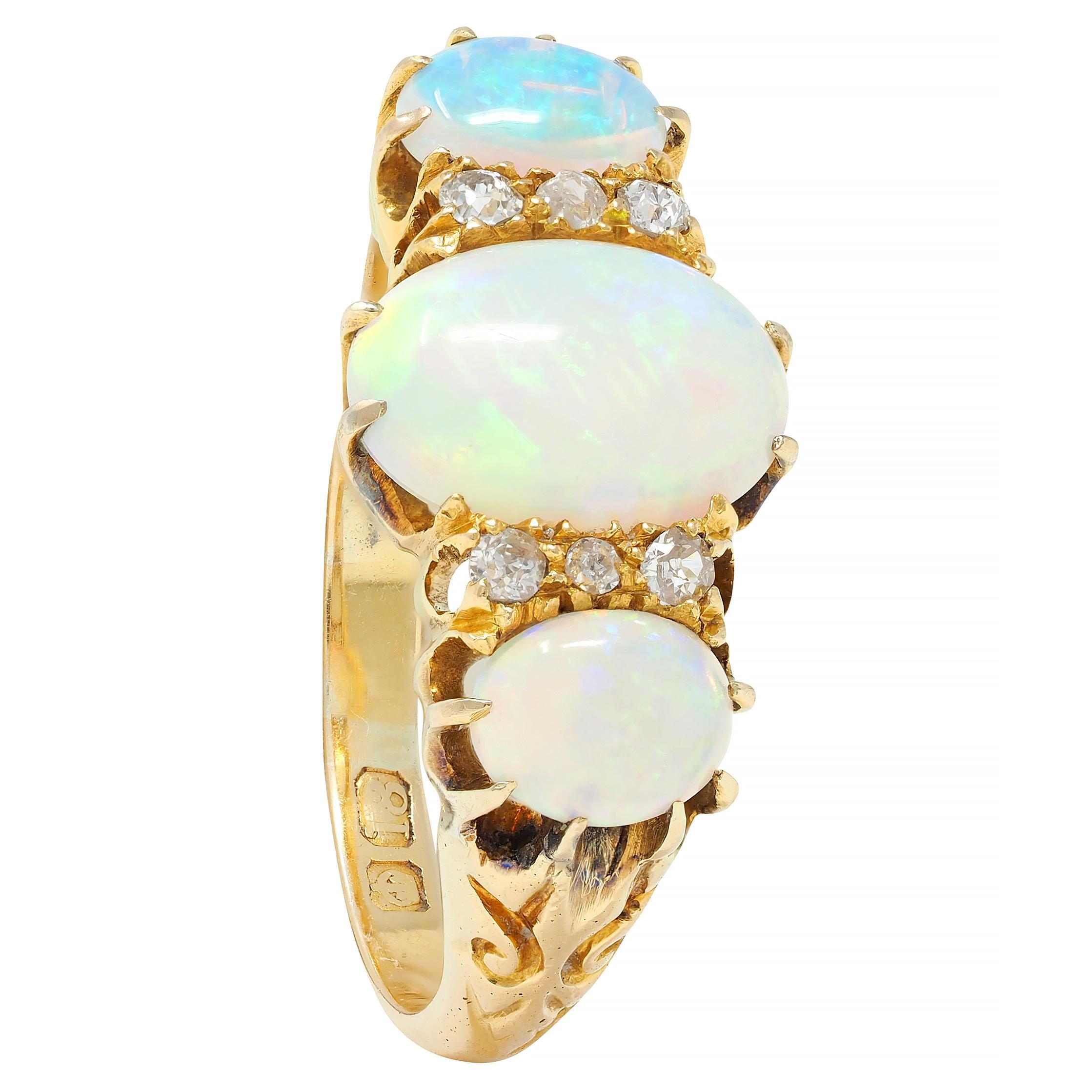 Victorian Opal Diamond 18 Karat Yellow Gold Antique Scroll Band Ring For Sale 7