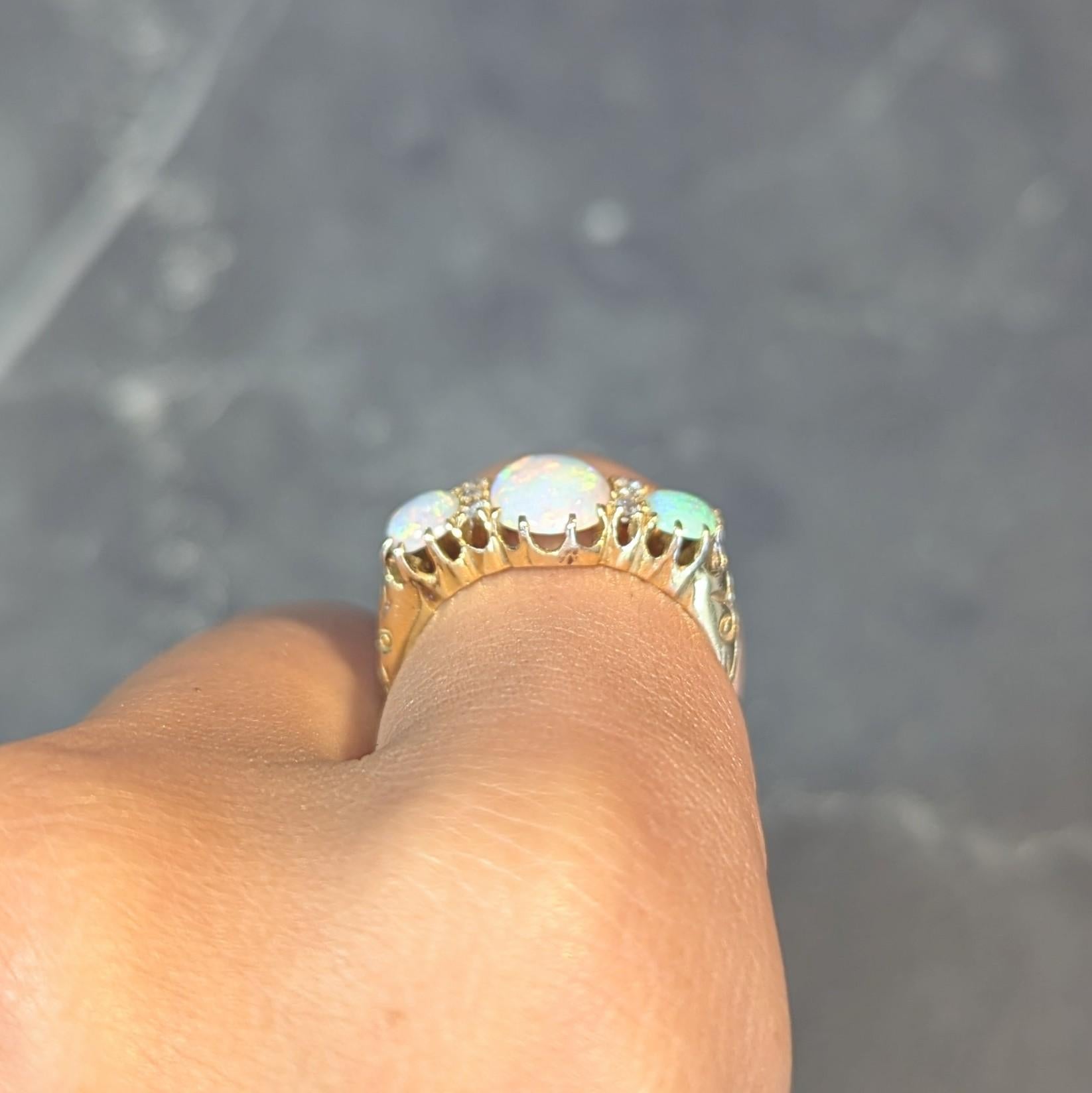 Victorian Opal Diamond 18 Karat Yellow Gold Antique Scroll Band Ring For Sale 11