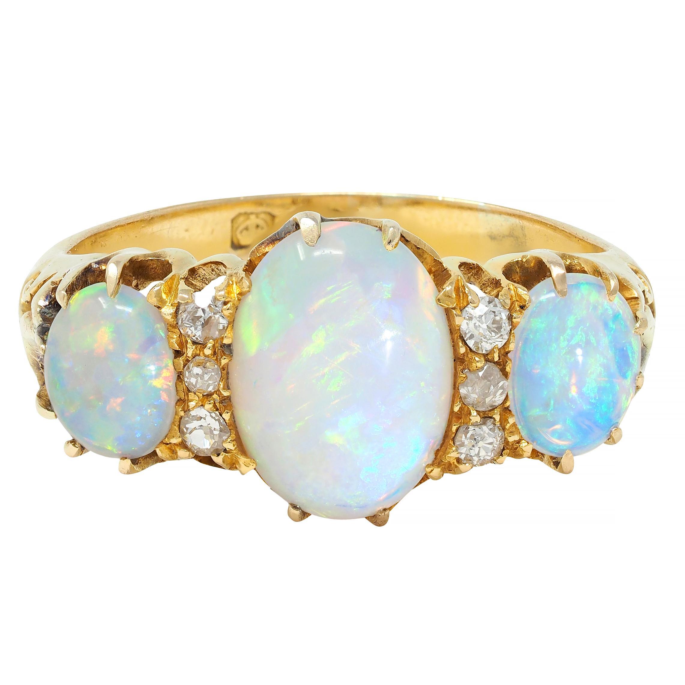 Cabochon Victorian Opal Diamond 18 Karat Yellow Gold Antique Scroll Band Ring For Sale
