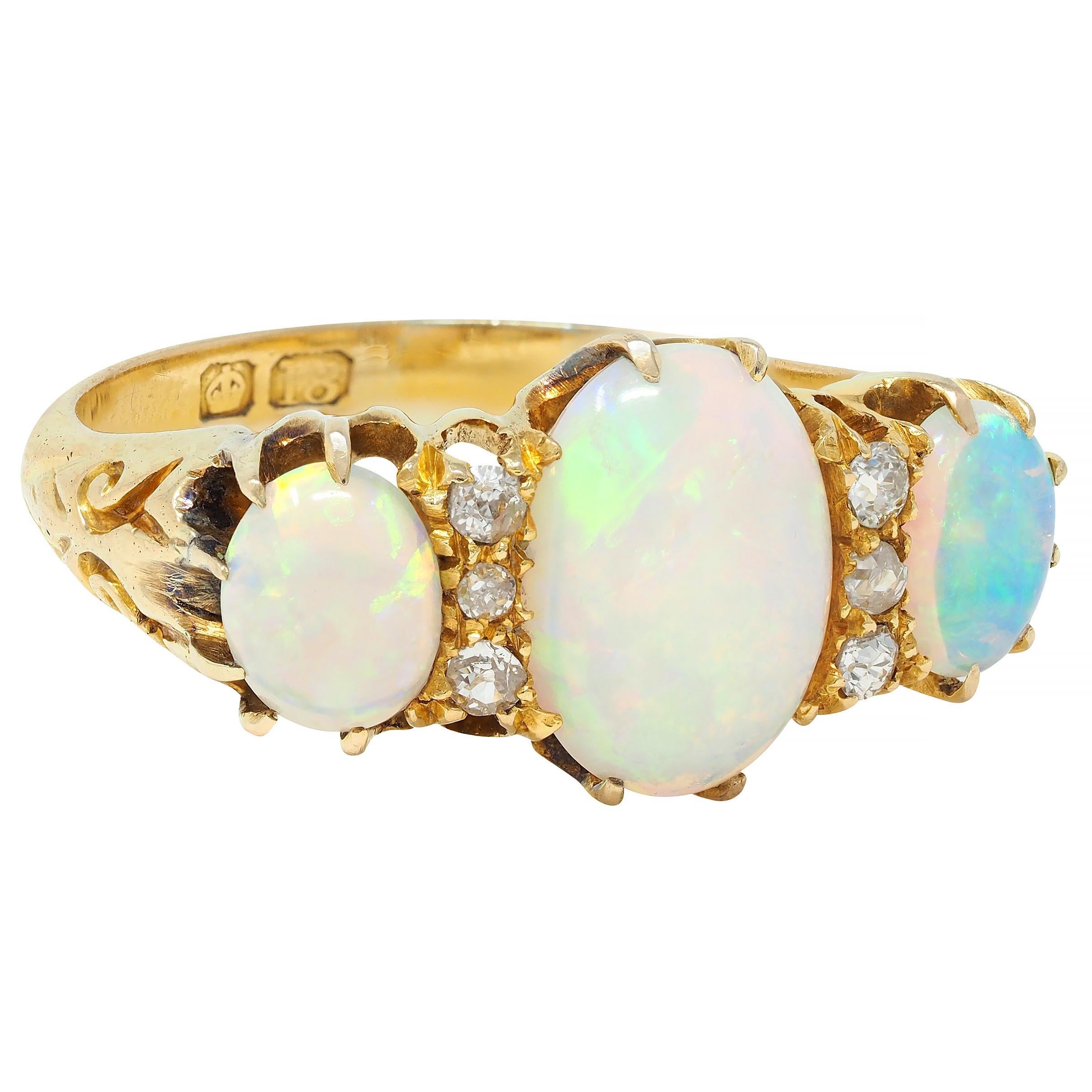 Victorian Opal Diamond 18 Karat Yellow Gold Antique Scroll Band Ring In Excellent Condition For Sale In Philadelphia, PA