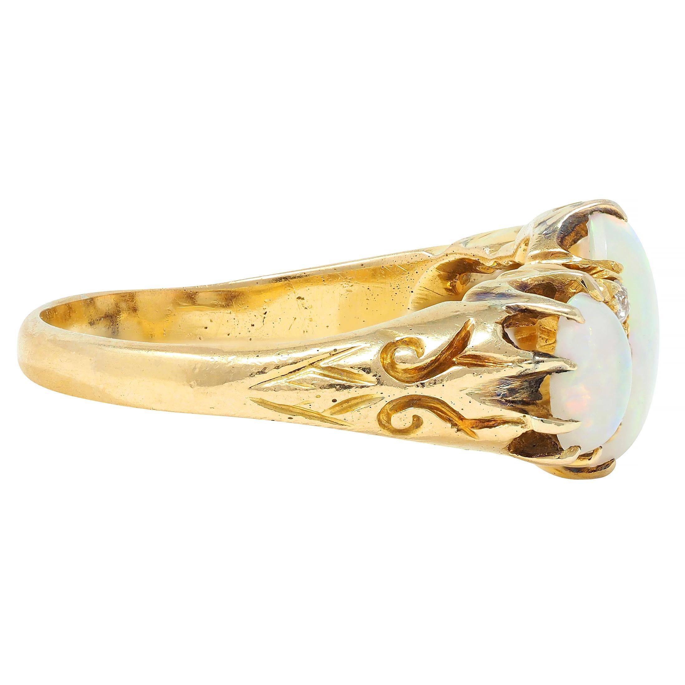 Women's or Men's Victorian Opal Diamond 18 Karat Yellow Gold Antique Scroll Band Ring For Sale