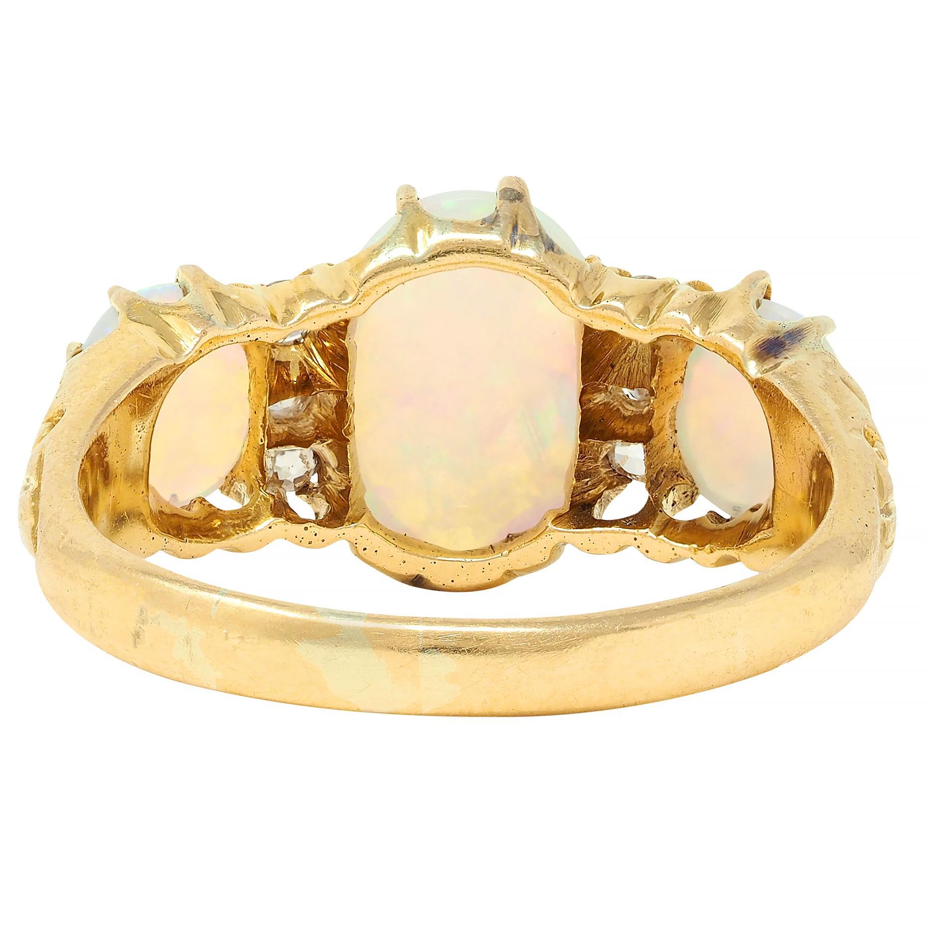 Victorian Opal Diamond 18 Karat Yellow Gold Antique Scroll Band Ring For Sale 1