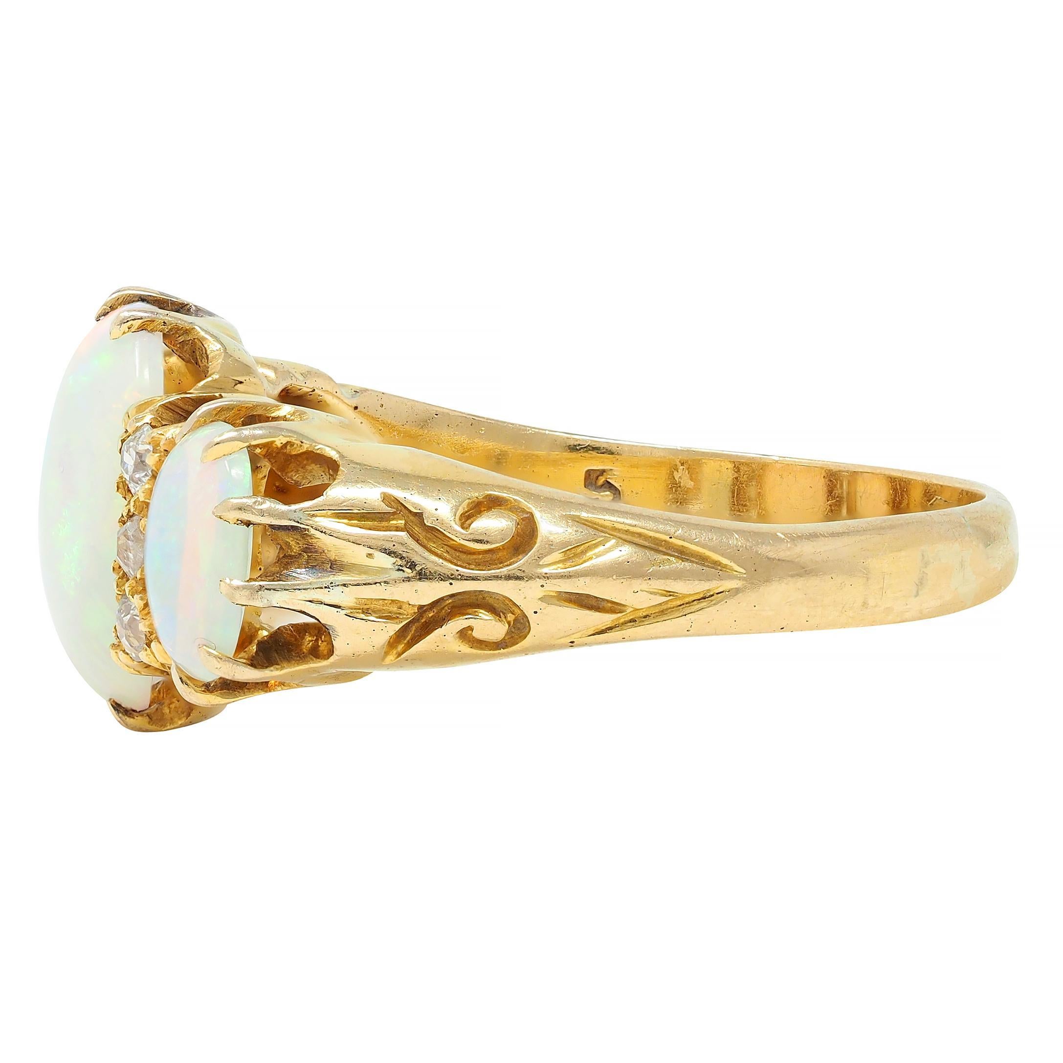 Victorian Opal Diamond 18 Karat Yellow Gold Antique Scroll Band Ring For Sale 2