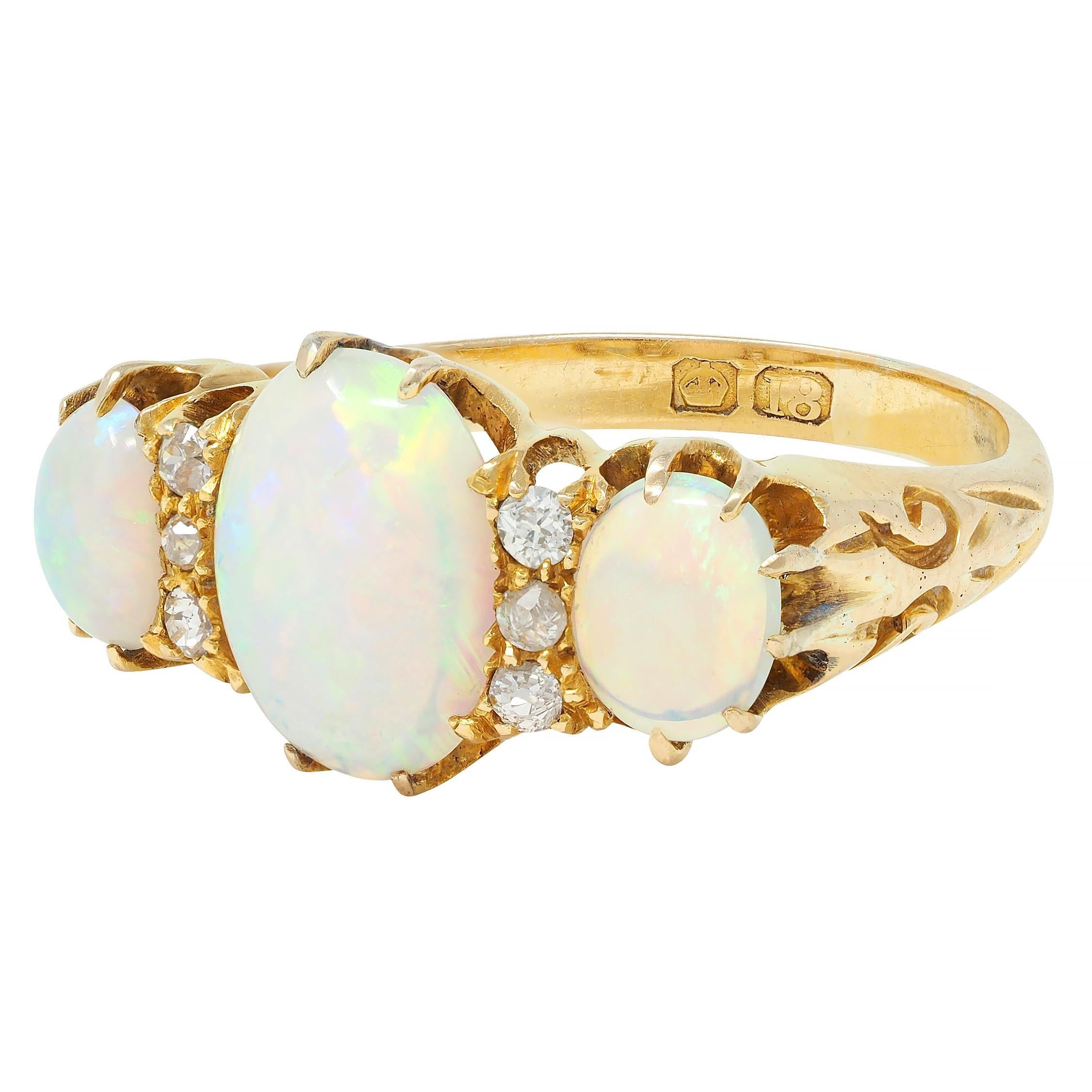 Victorian Opal Diamond 18 Karat Yellow Gold Antique Scroll Band Ring For Sale 3