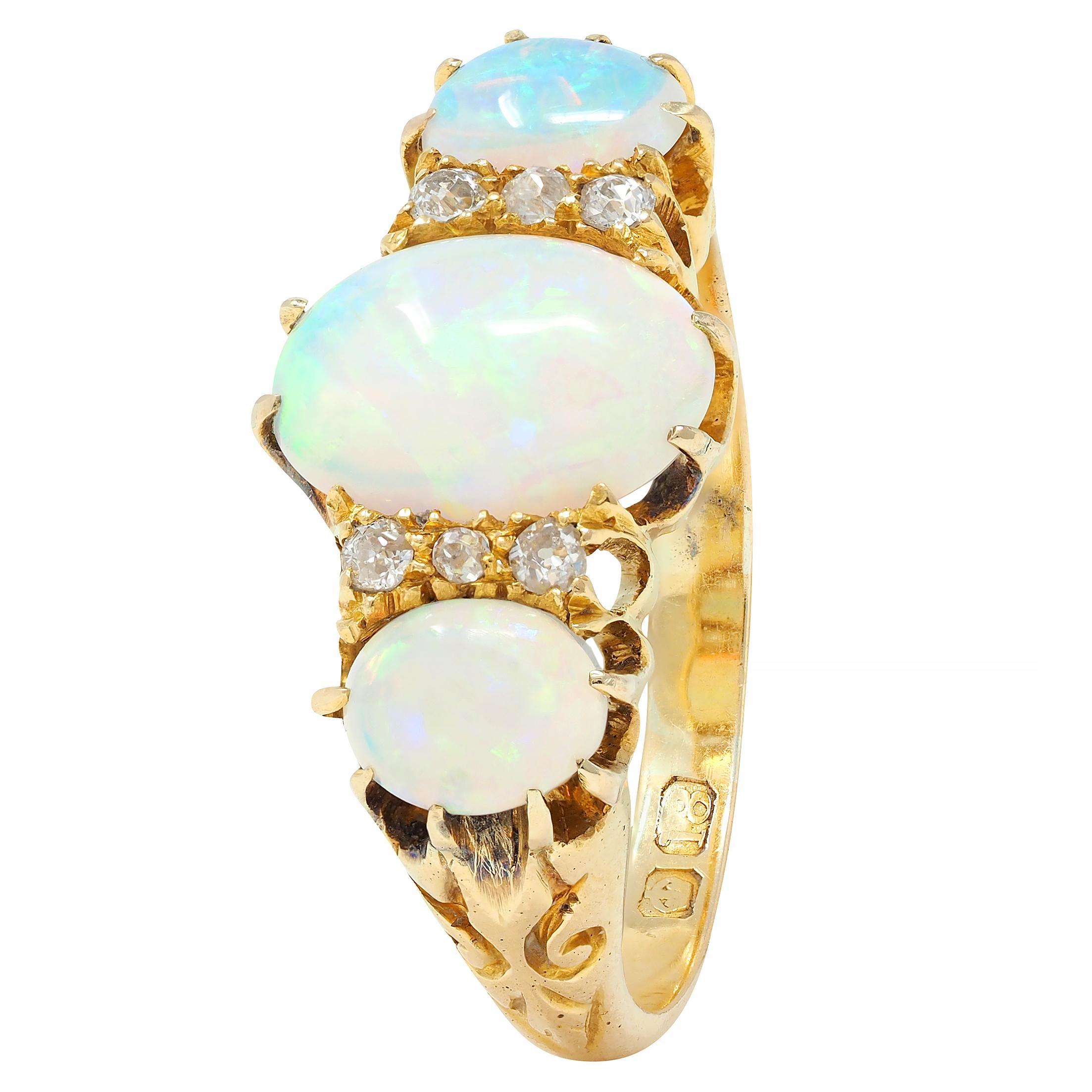 Victorian Opal Diamond 18 Karat Yellow Gold Antique Scroll Band Ring For Sale 4