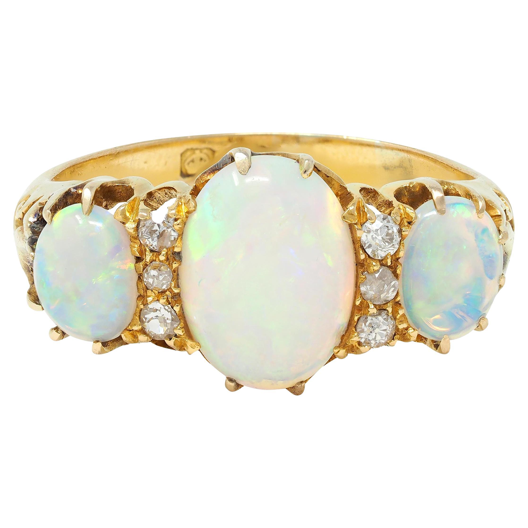 Victorian Opal Diamond 18 Karat Yellow Gold Antique Scroll Band Ring