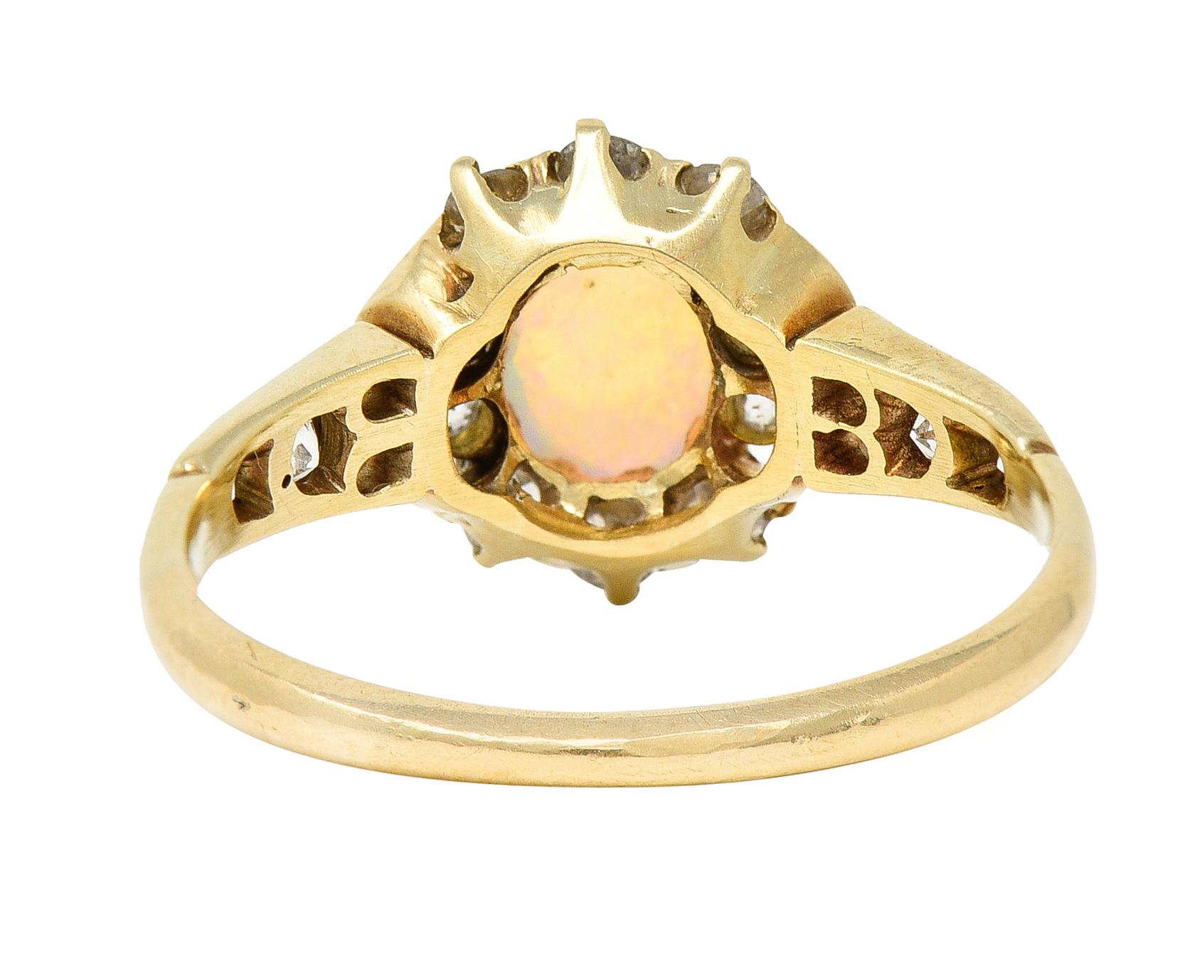 Oval Cut Victorian Opal Diamond 18 Karat Yellow Gold Cluster Gemstone Ring