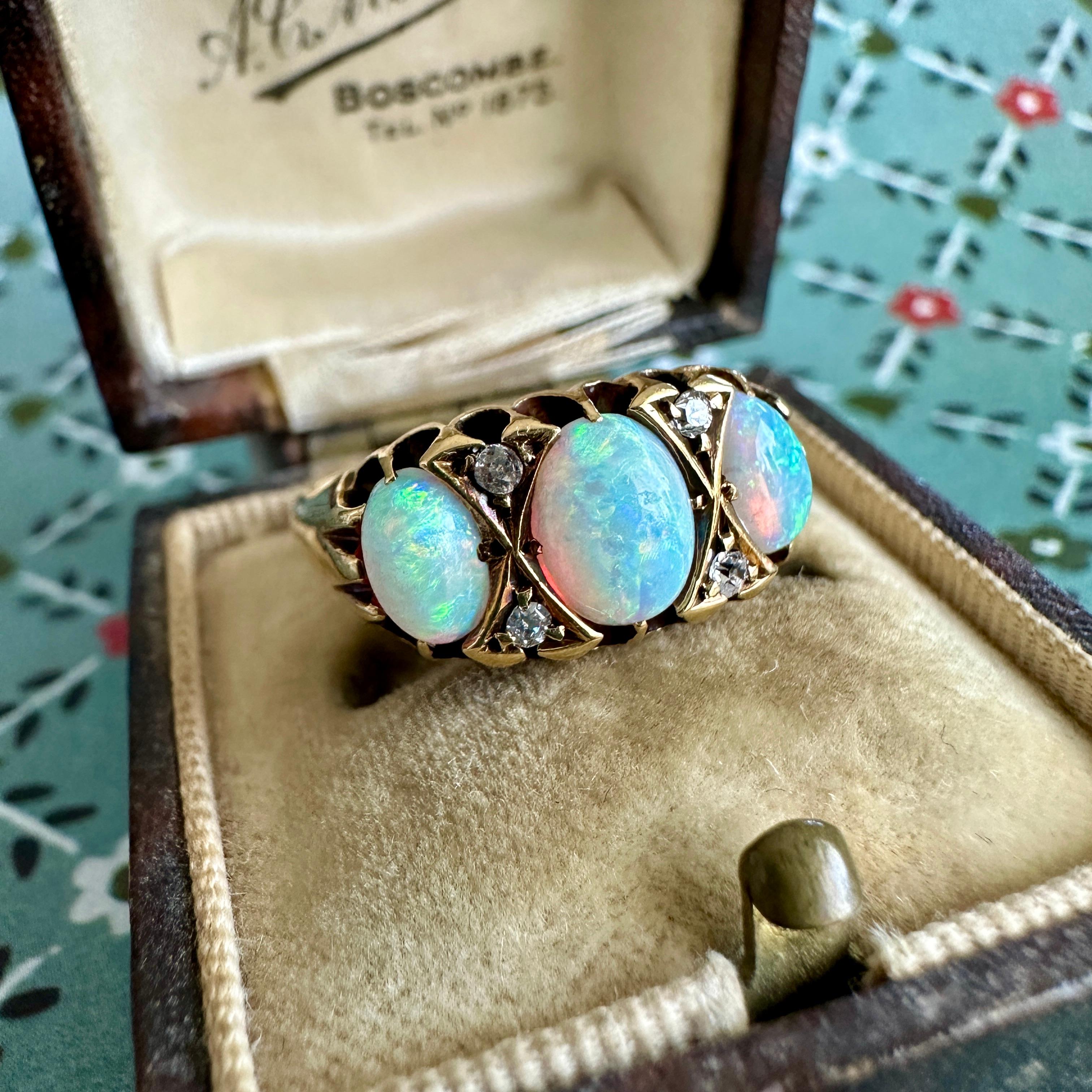 Cabochon Victorian Opal & Diamond 18K Prong Set Ring For Sale