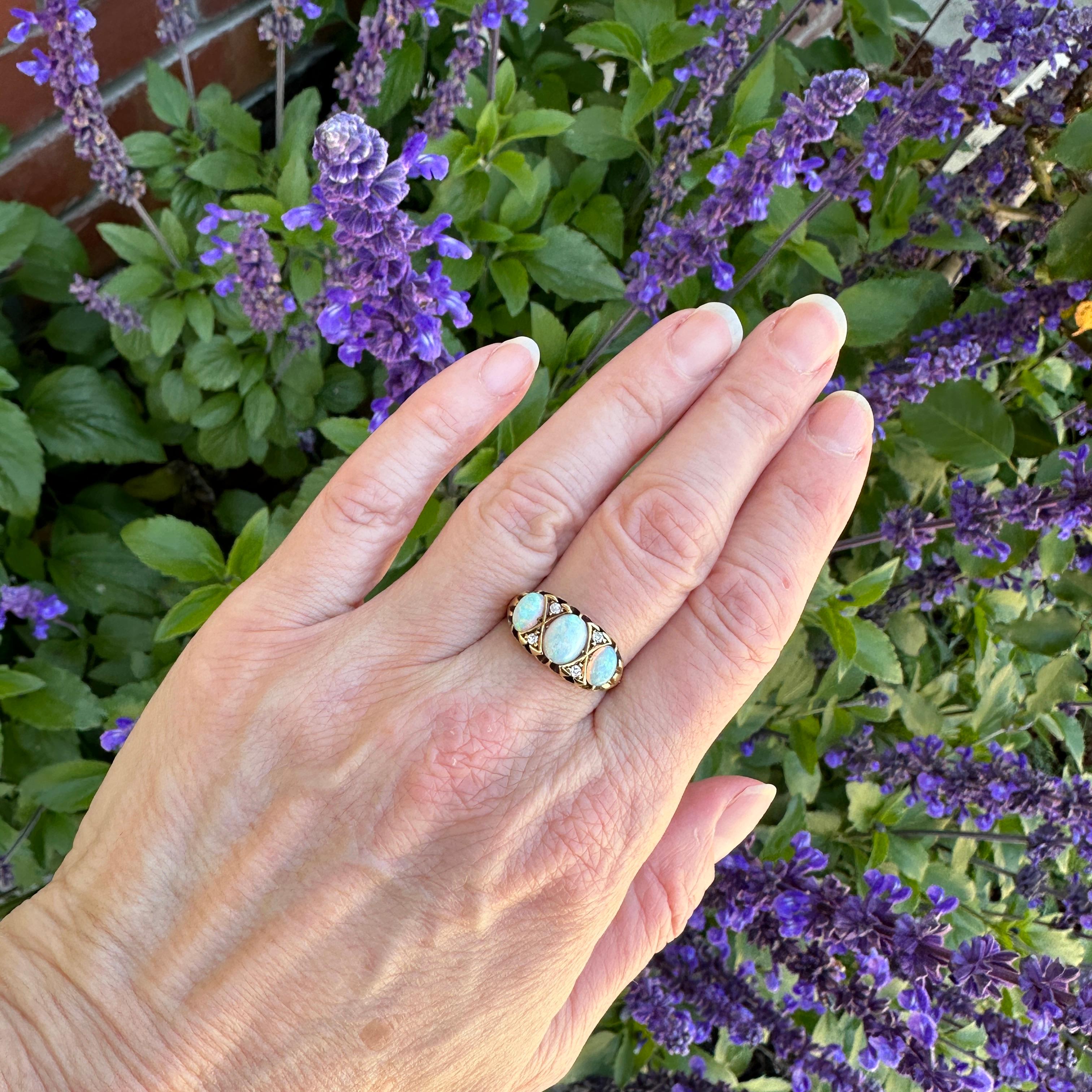 Women's Victorian Opal & Diamond 18K Prong Set Ring For Sale
