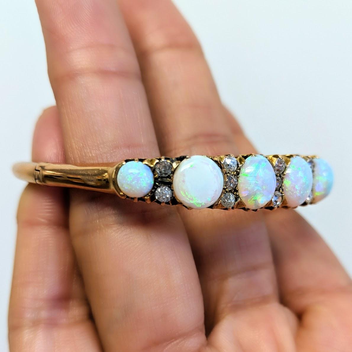 Victorian Opal Diamond and Gold Bangle Bracelet In Excellent Condition In New York, NY