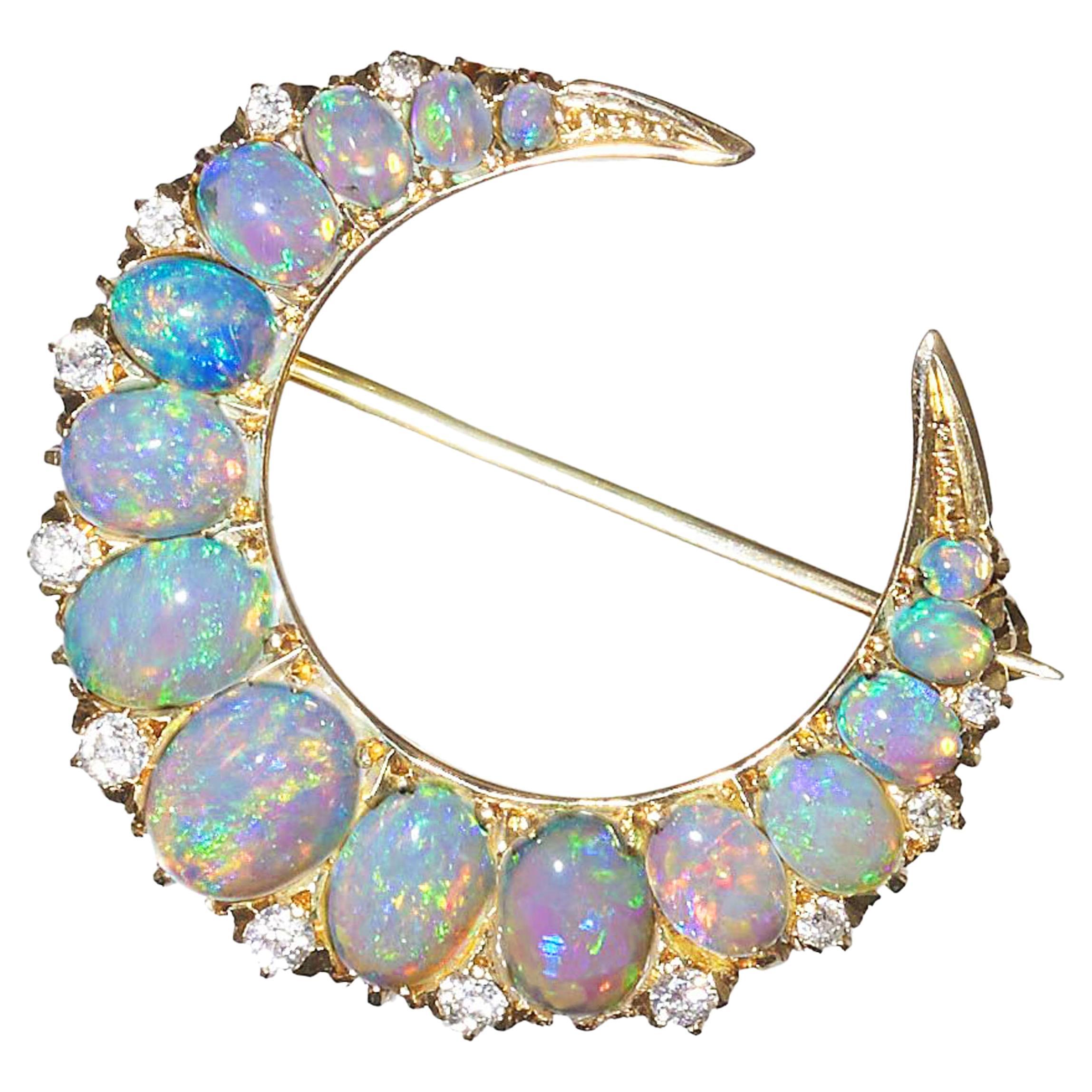 Victorian Opal Diamond and Gold Crescent Brooch, circa 1880 For Sale