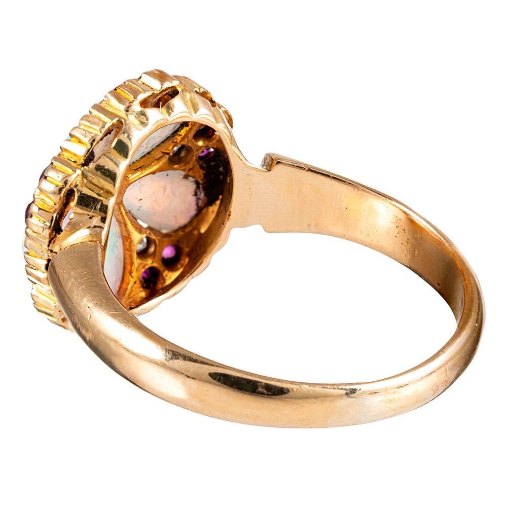 Victorian Opal, Diamond and Ruby Round Plaque Ring In Excellent Condition In Carmel-by-the-Sea, CA