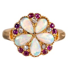 Victorian Opal, Diamond and Ruby Round Plaque Ring