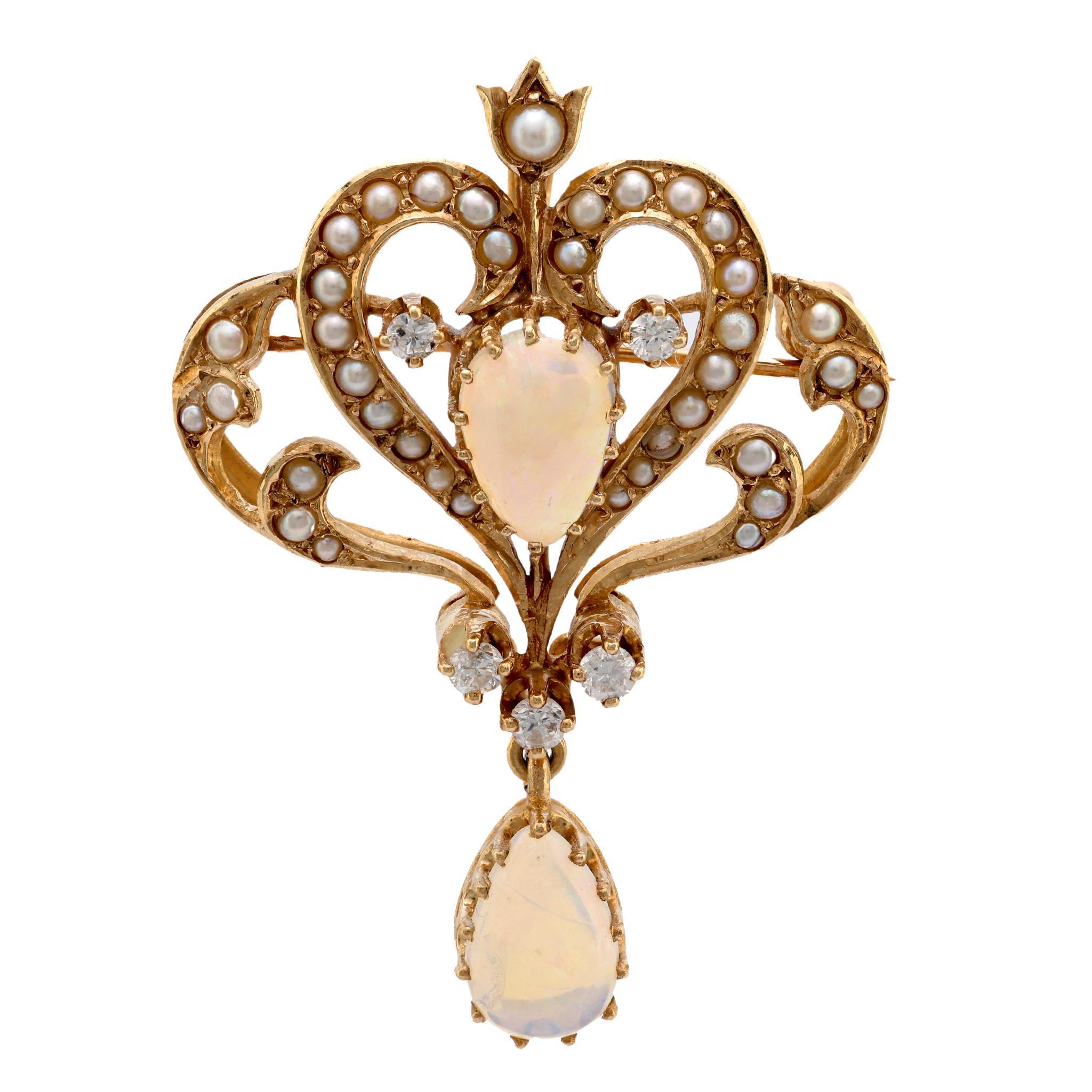Victorian opal diamond and seed pearl 18k yellow gold brooch pendant