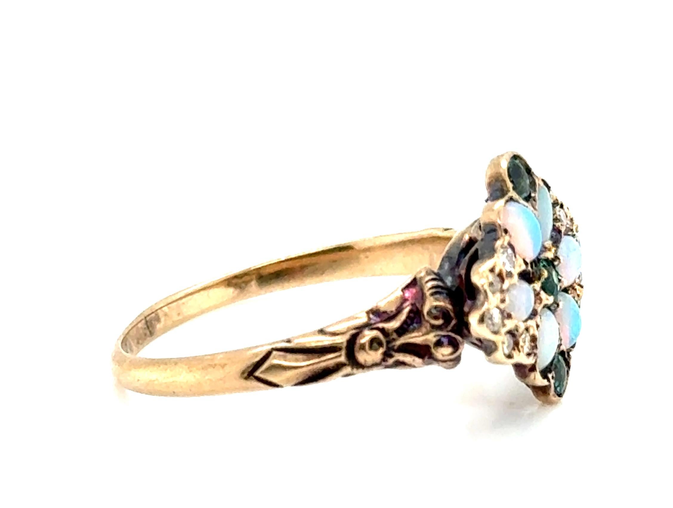 Viktorianischer Opal-Diamant-Smaragd-Cocktailring .30ct Antiker Original 1840-1870 (Rundschliff)