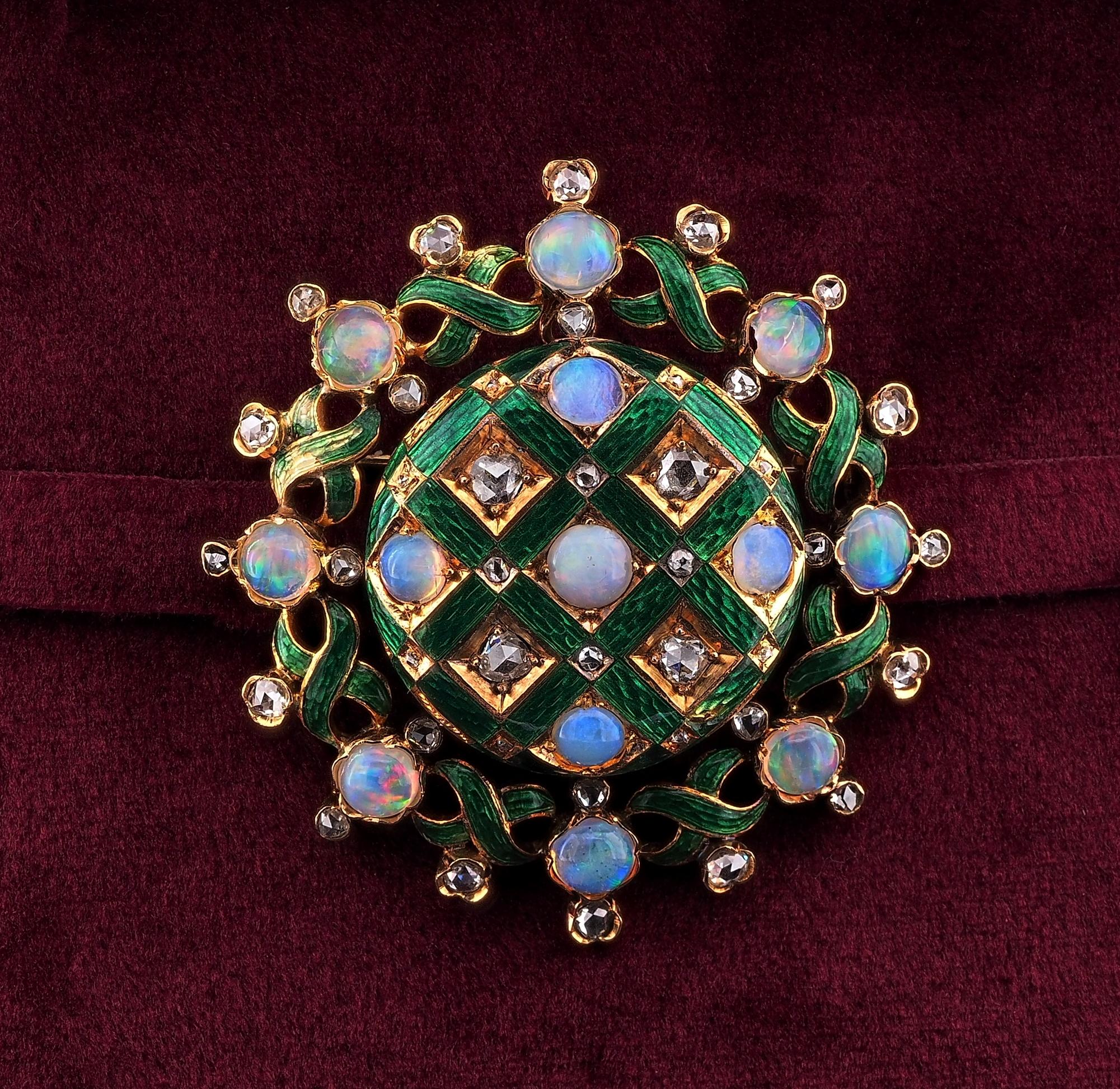 Rare & Unique
This impressive and colourful, large brooch pendant is Victorian period, 1875 ca.
Artistry hand made to impress of solid 18 KT gold
Large round shaped in a fantasy play of colours between Guilloche, translucent, glossy Emerald Green
