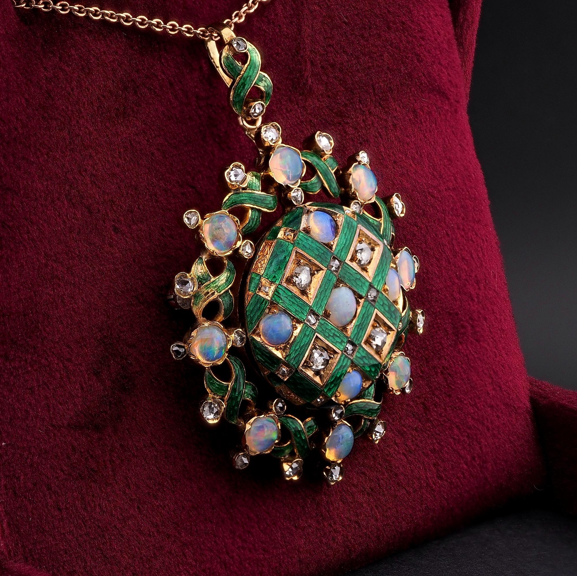 Rose Cut Victorian Opal Diamond Enamel Large Brooch Pendant 18 KT For Sale