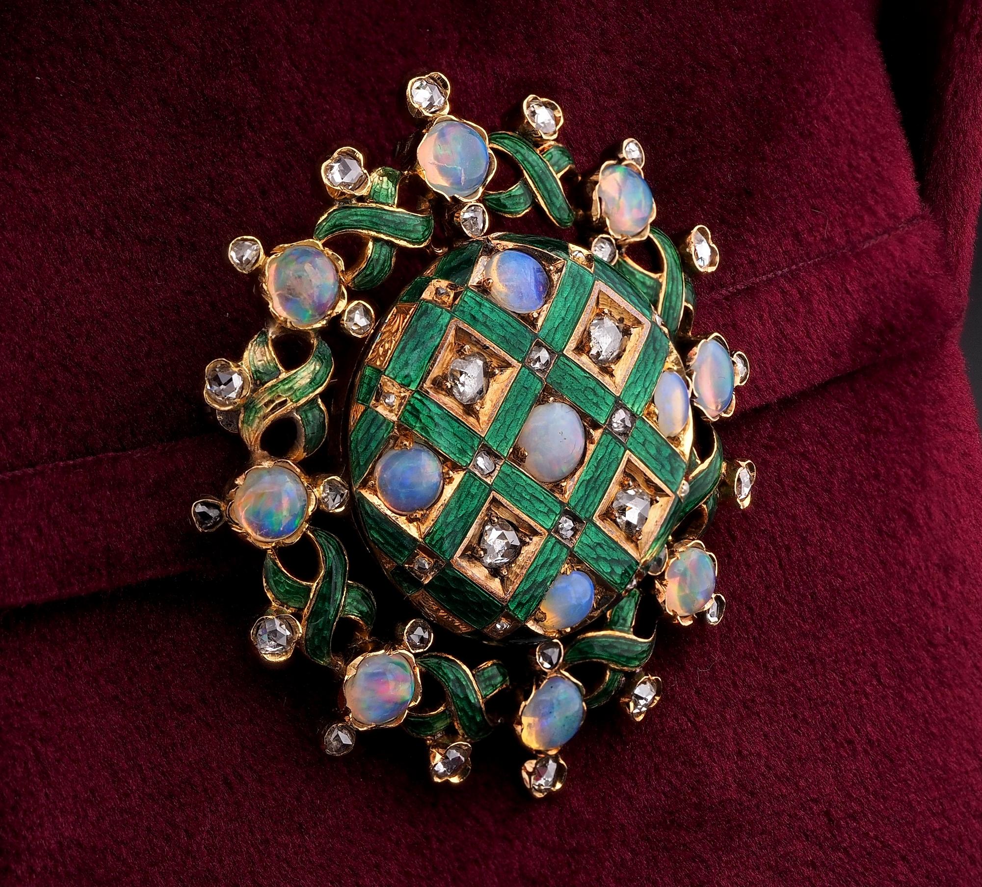 Victorian Opal Diamond Enamel Large Brooch Pendant 18 KT In Good Condition For Sale In Napoli, IT