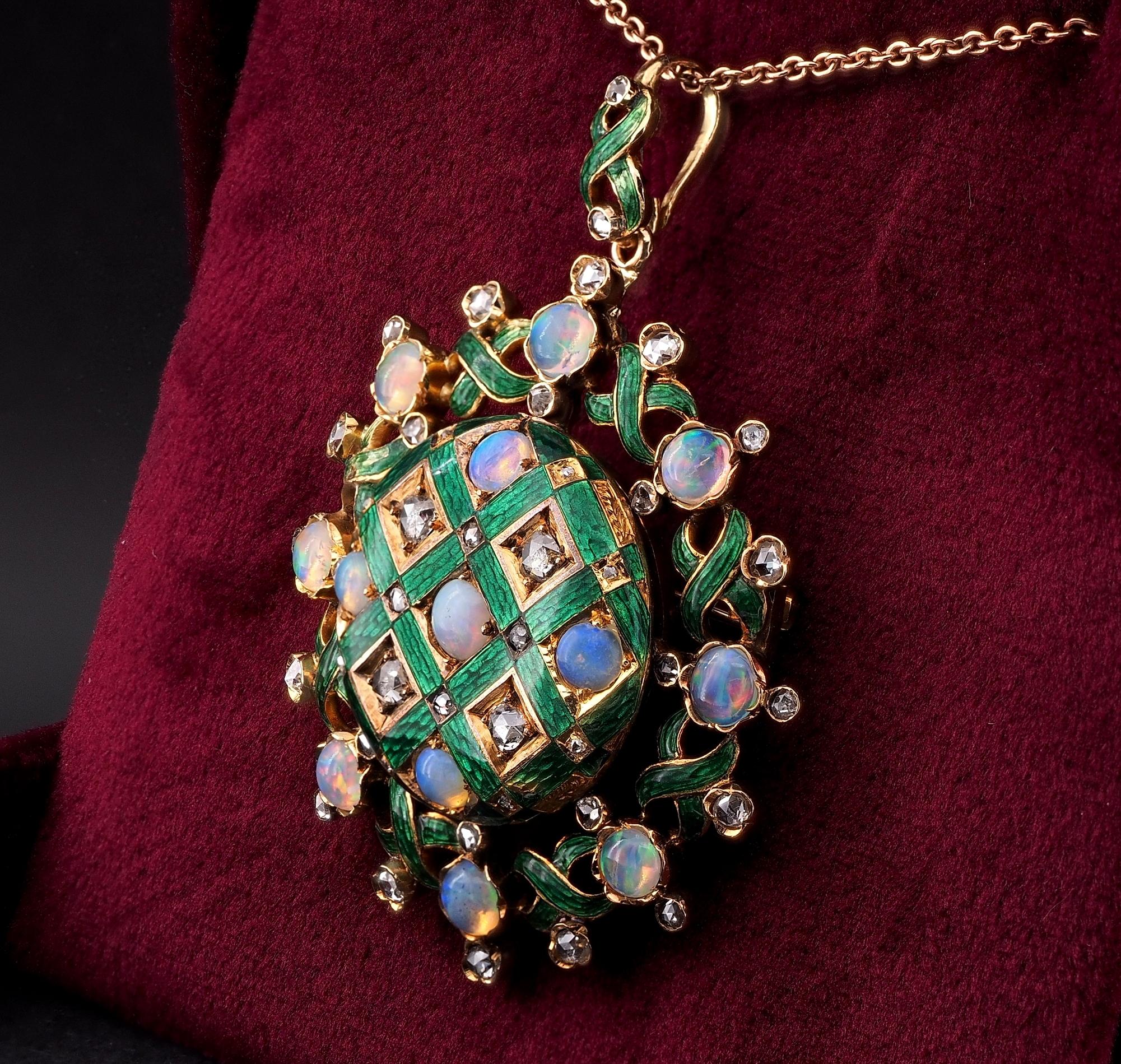 Women's Victorian Opal Diamond Enamel Large Brooch Pendant 18 KT For Sale