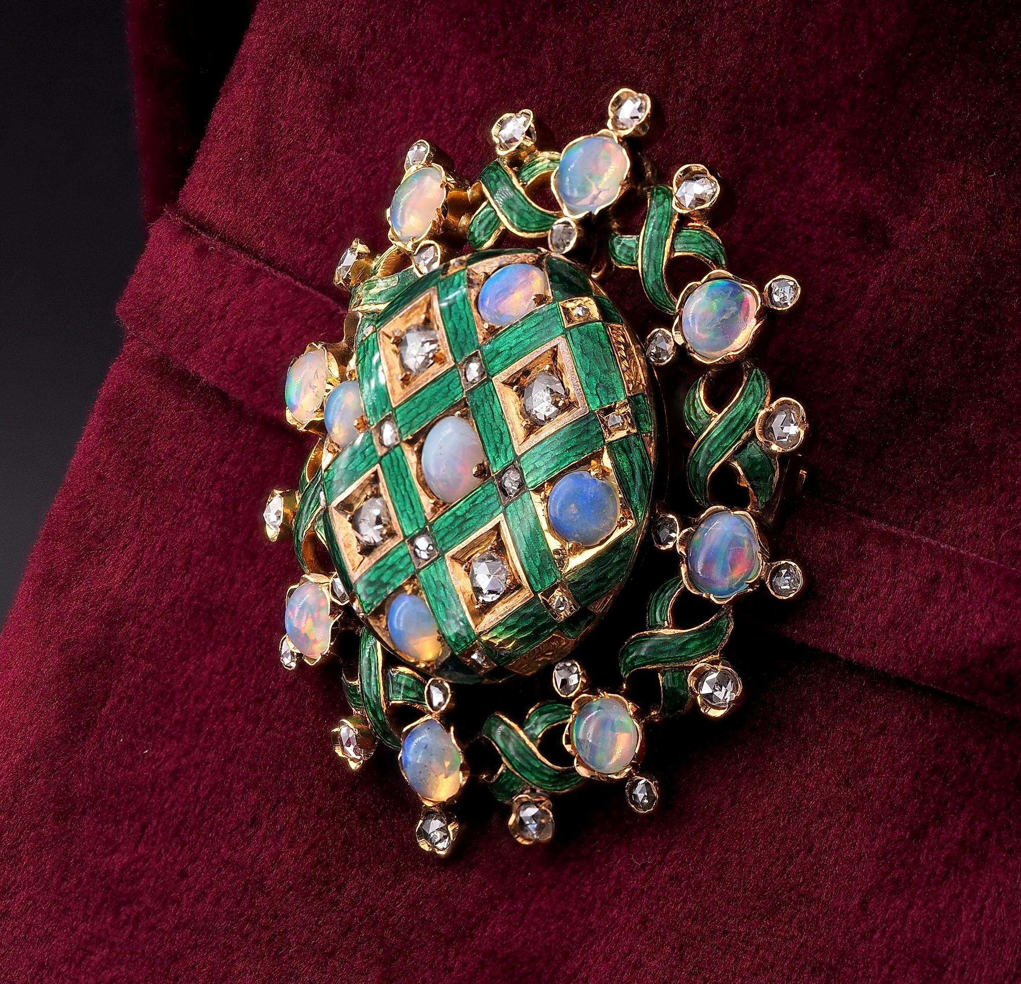 Victorian Opal Diamond Enamel Large Brooch Pendant 18 KT For Sale 1