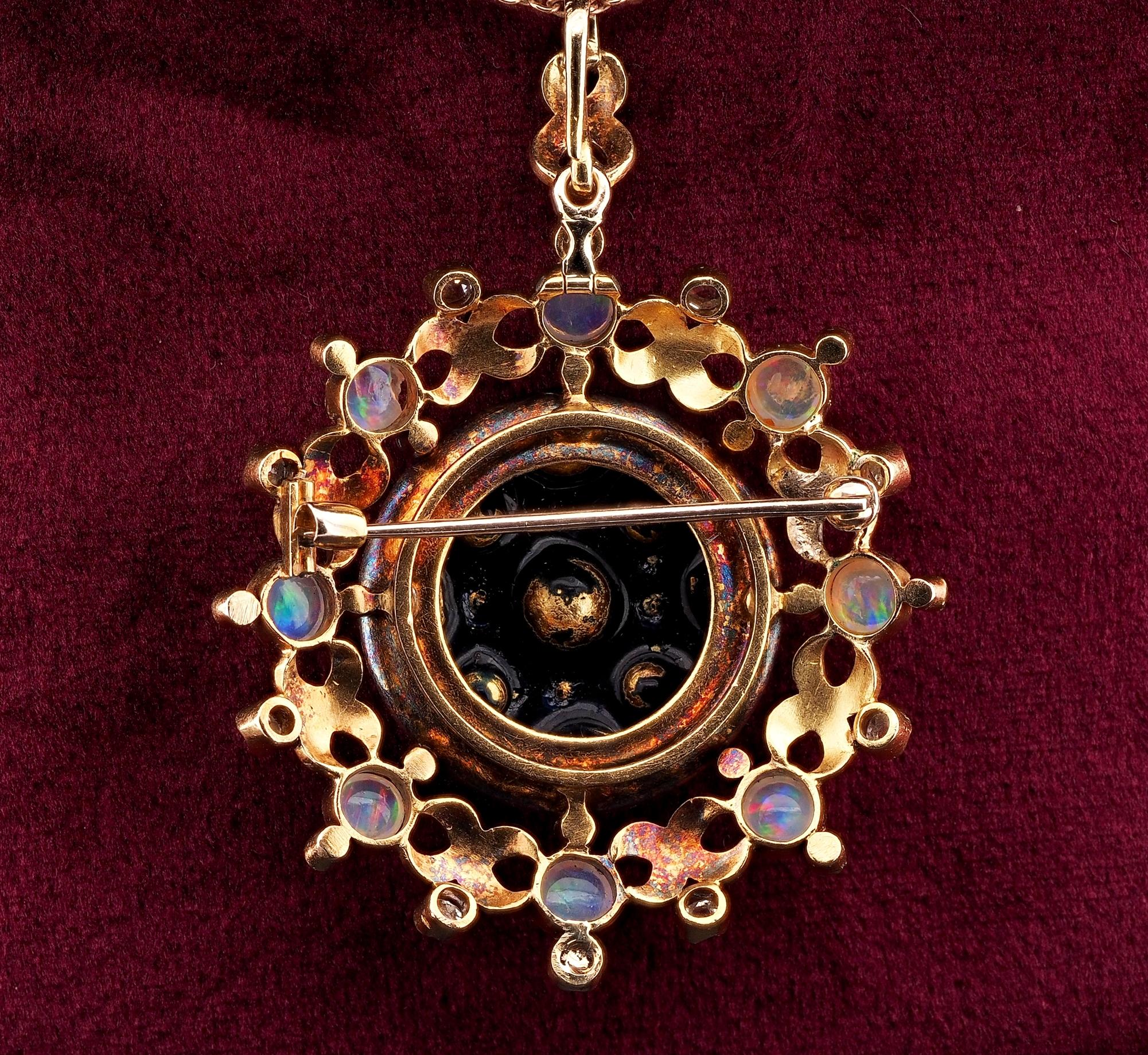 Victorian Opal Diamond Enamel Large Brooch Pendant 18 KT For Sale 2