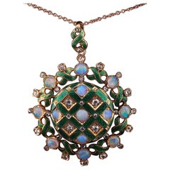 Colgante Broche Victoriano Ópalo Diamante Esmalte Grande 18 KT