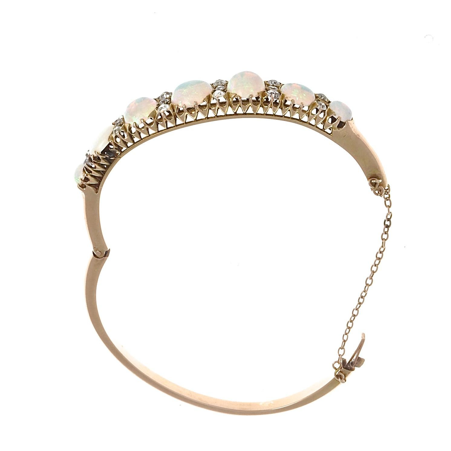 Women's Victorian Opal Diamond Gold Bangle Bracelet