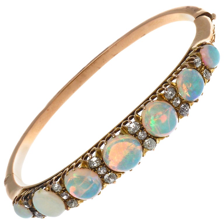 Victorian Opal Diamond Gold Bangle Bracelet at 1stDibs