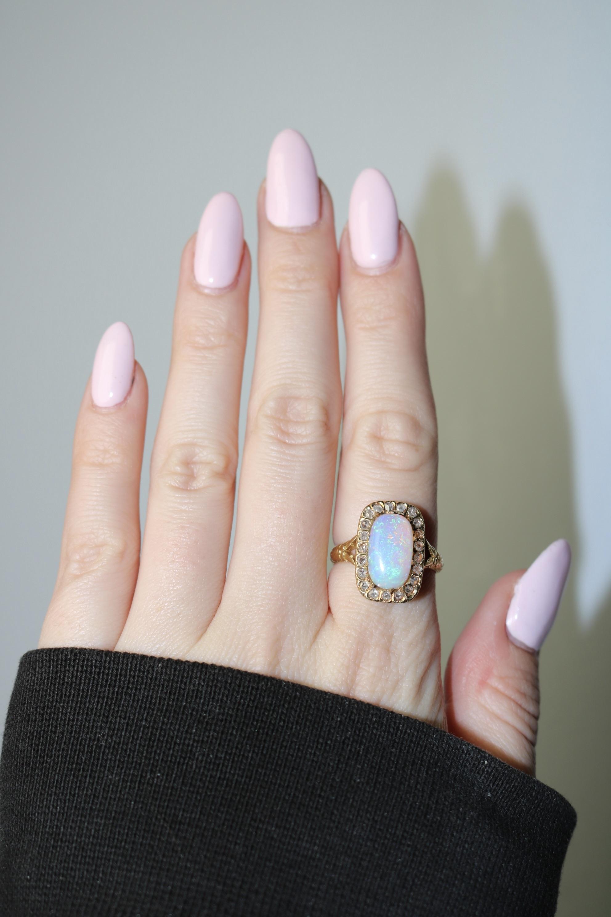 Victorian Opal Diamond Halo Cluster Ring 18K Yellow Gold ~3.82ctw For Sale 5