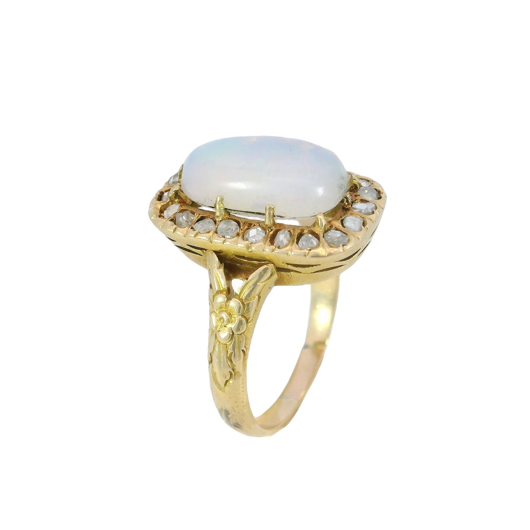 Victorian Opal Diamond Halo Cluster Ring 18K Yellow Gold ~3.82ctw

This antique Victorian ring centers on a ~ 3.4-carat cabochon-cut opal, glowing with soft blue undertones and flashes of iridescent color. Its fluid, luminous surface is framed by a