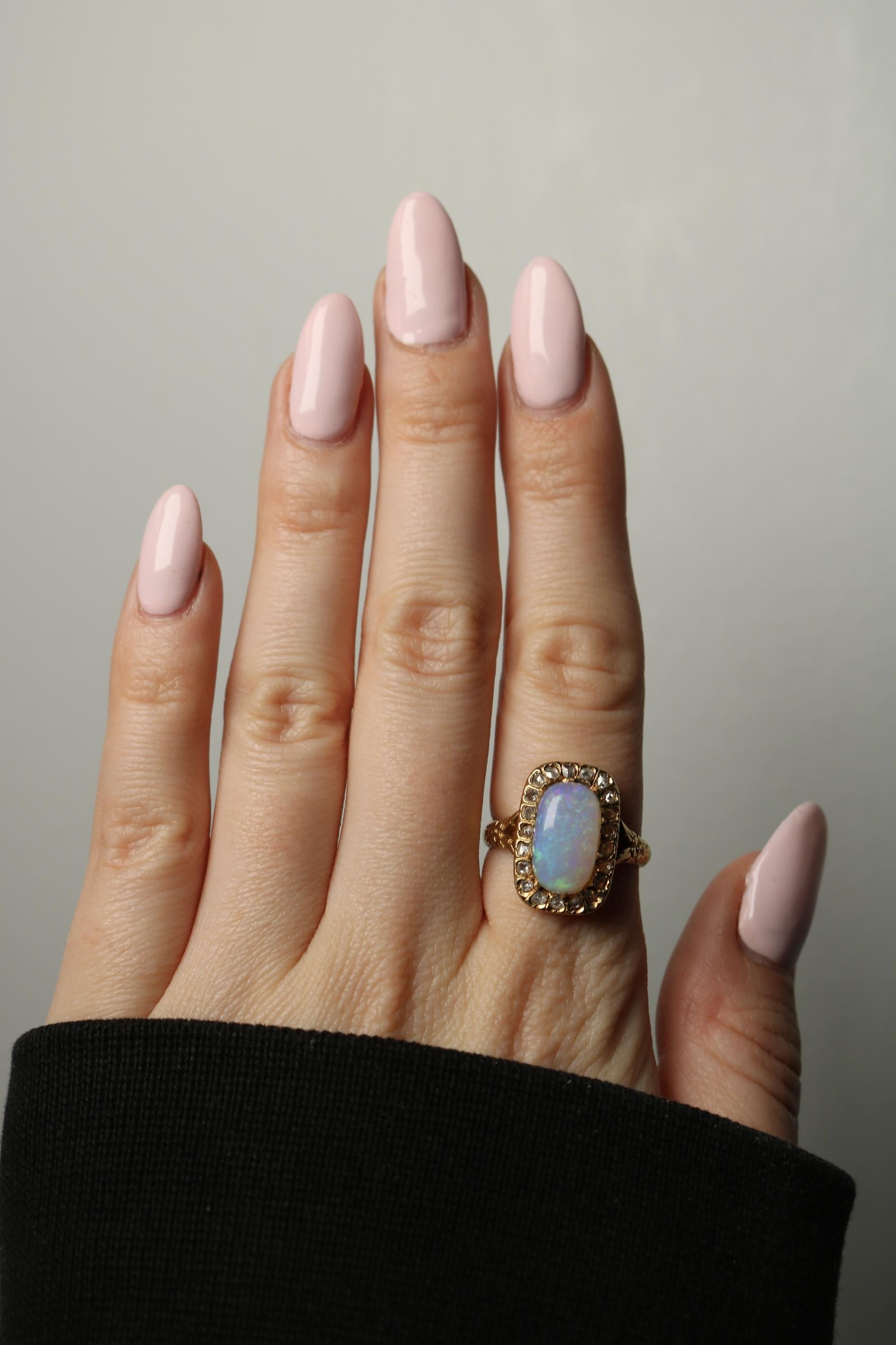 Cabochon Victorian Opal Diamond Halo Cluster Ring 18K Yellow Gold ~3.82ctw For Sale