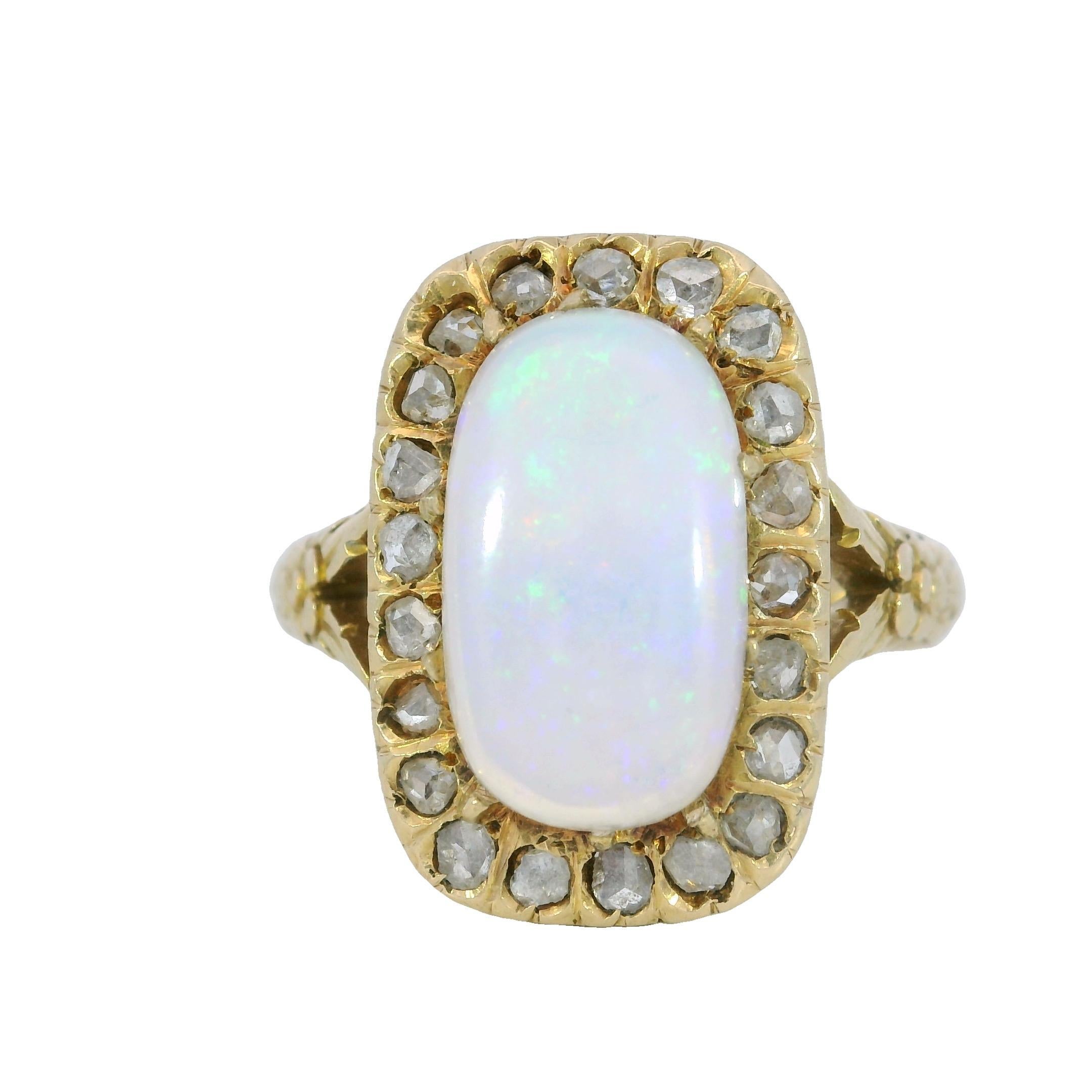 Victorian Opal Diamond Halo Cluster Ring 18K Yellow Gold ~3.82ctw For Sale 2